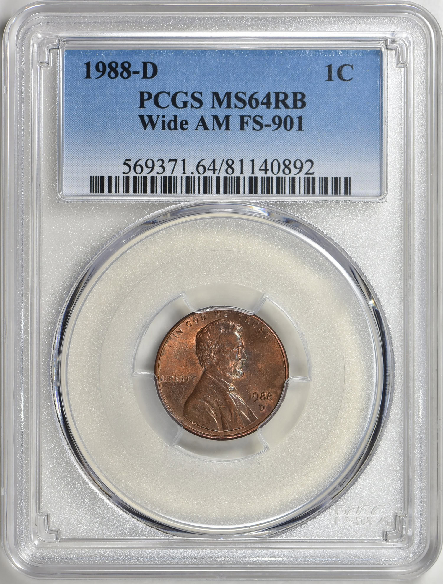 1988-D Lincoln Cent Wide AM FS-901 PCGS MS-64 RB (Item 385199