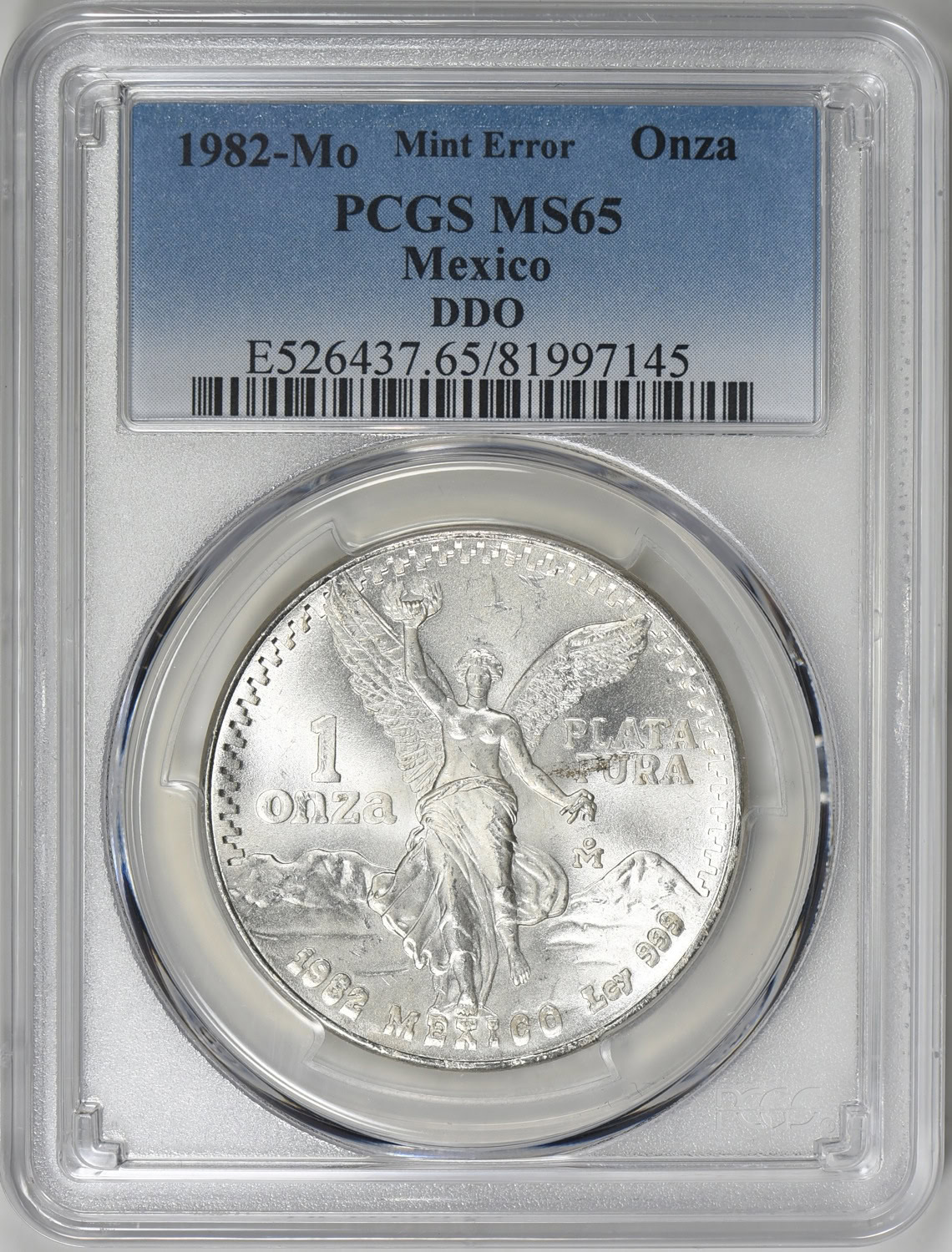 Mexico - Mint Error 1982-Mo Silver 1 Onza Libertad DDO PCGS MS-65