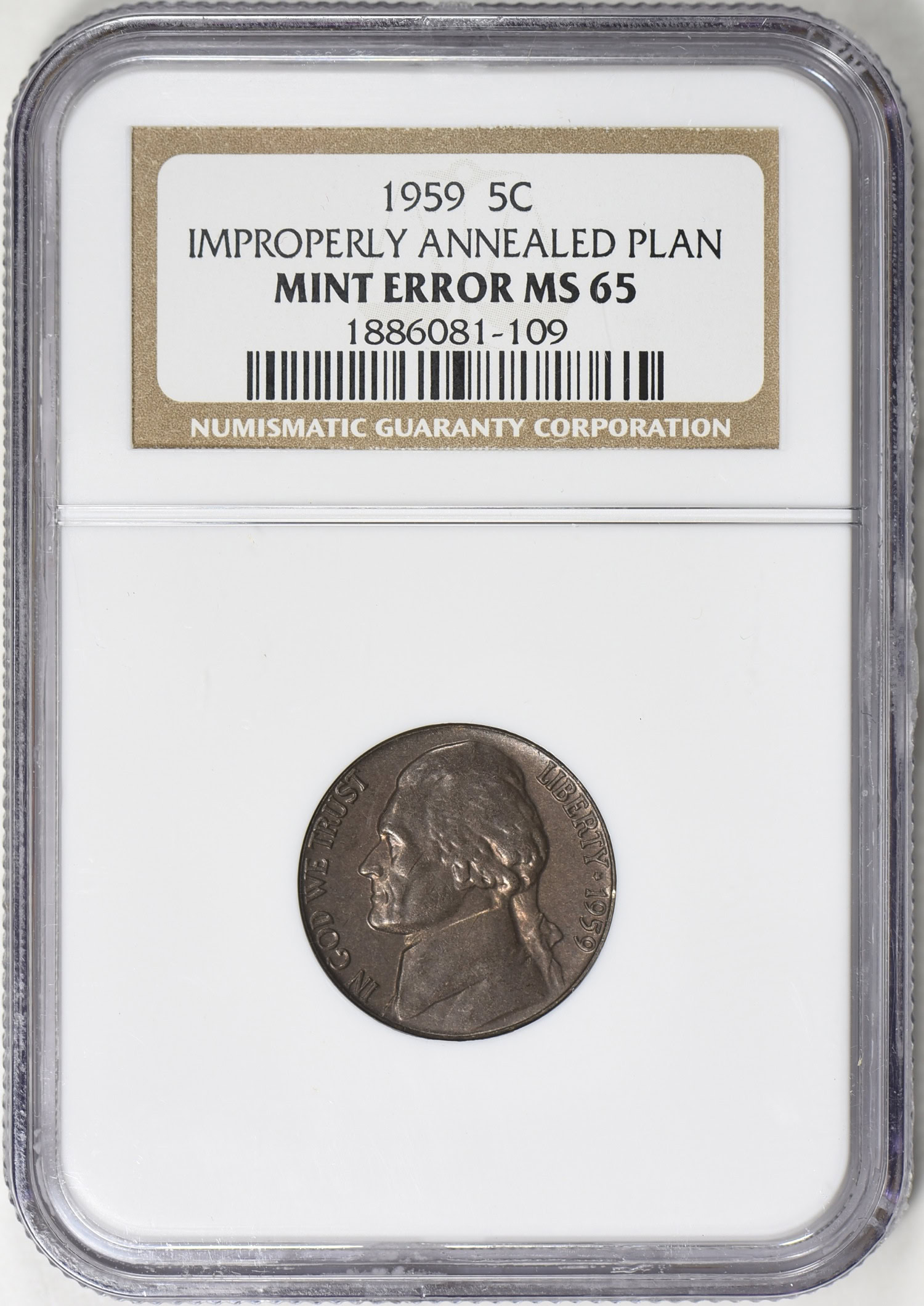 Mint Error 1959 Jefferson Nickel Improperly Annealed Planchet NGC