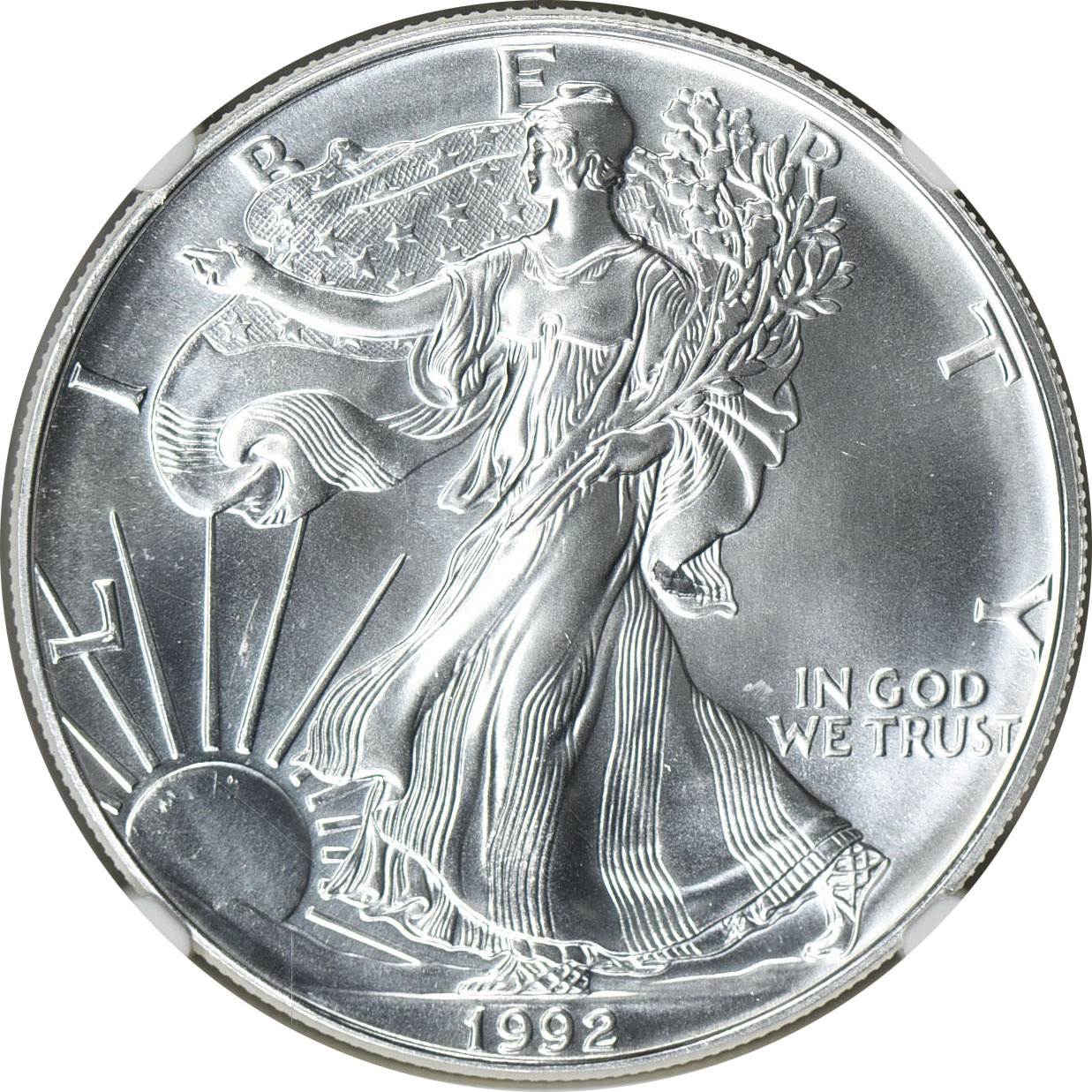 Mint Error 1992 $1 Silver Eagle Obverse Struck Through NGC MS-69