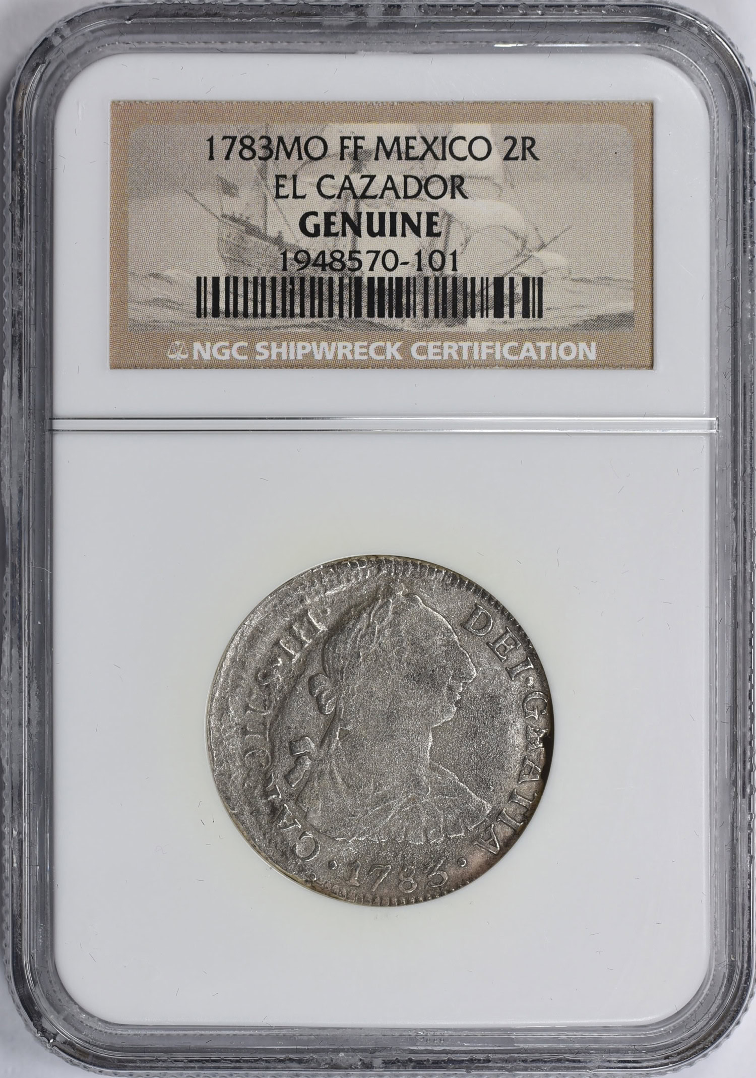 Mexico 1783-Mo FF Silver 2 Reales Shipwreck El Cazador NGC Genuine