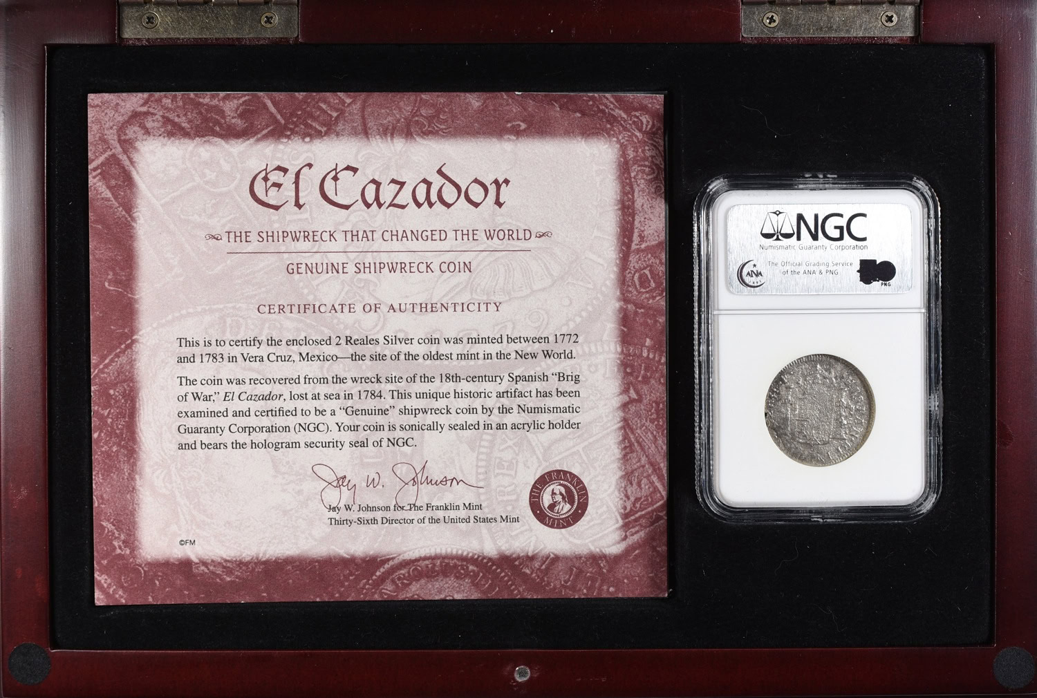 Mexico 1783-Mo FF Silver 2 Reales Shipwreck El Cazador NGC Genuine