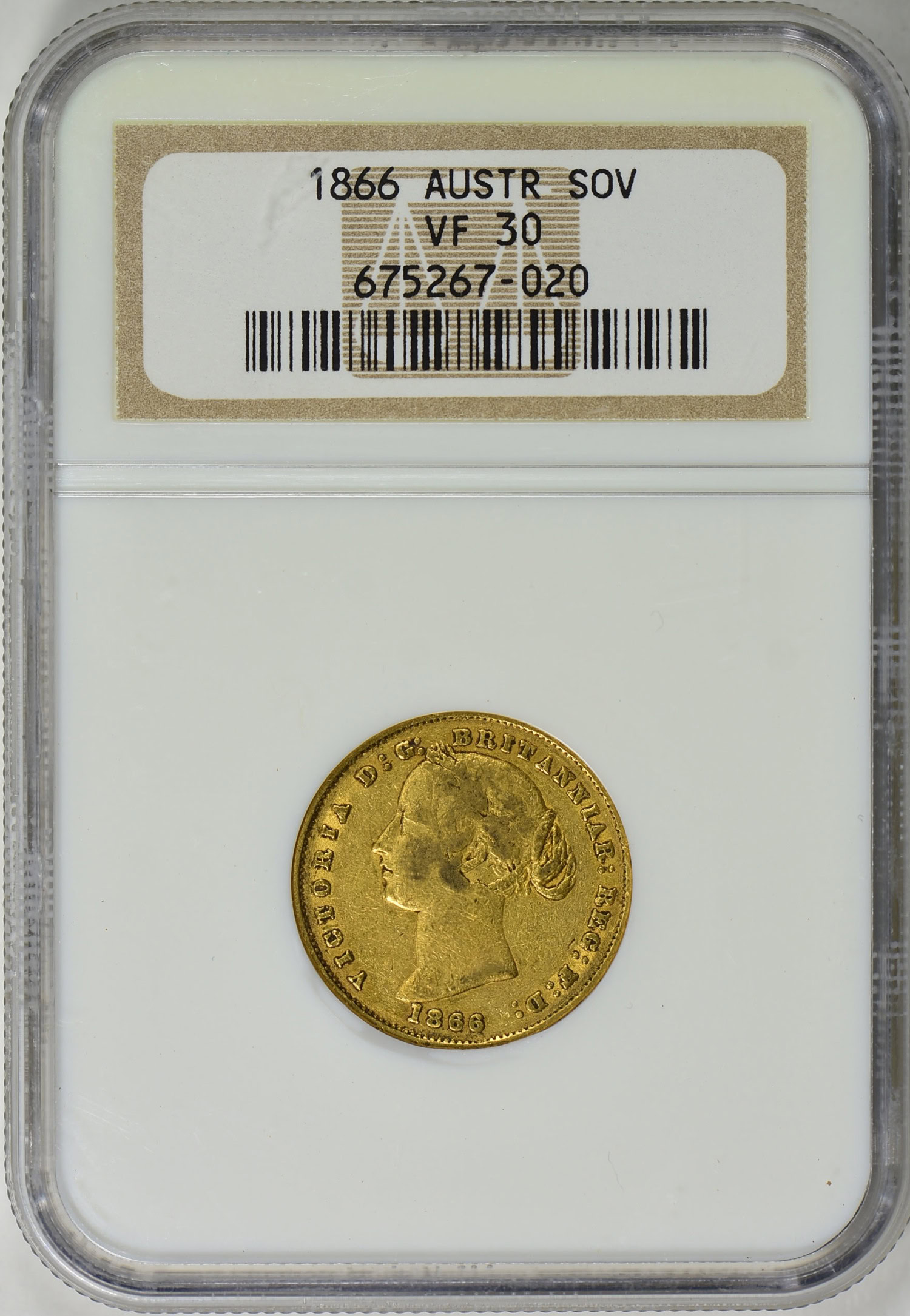Australia 1866 Gold Sovereign NGC VF30 (AGW = 0.2353 oz.) (Item 452154