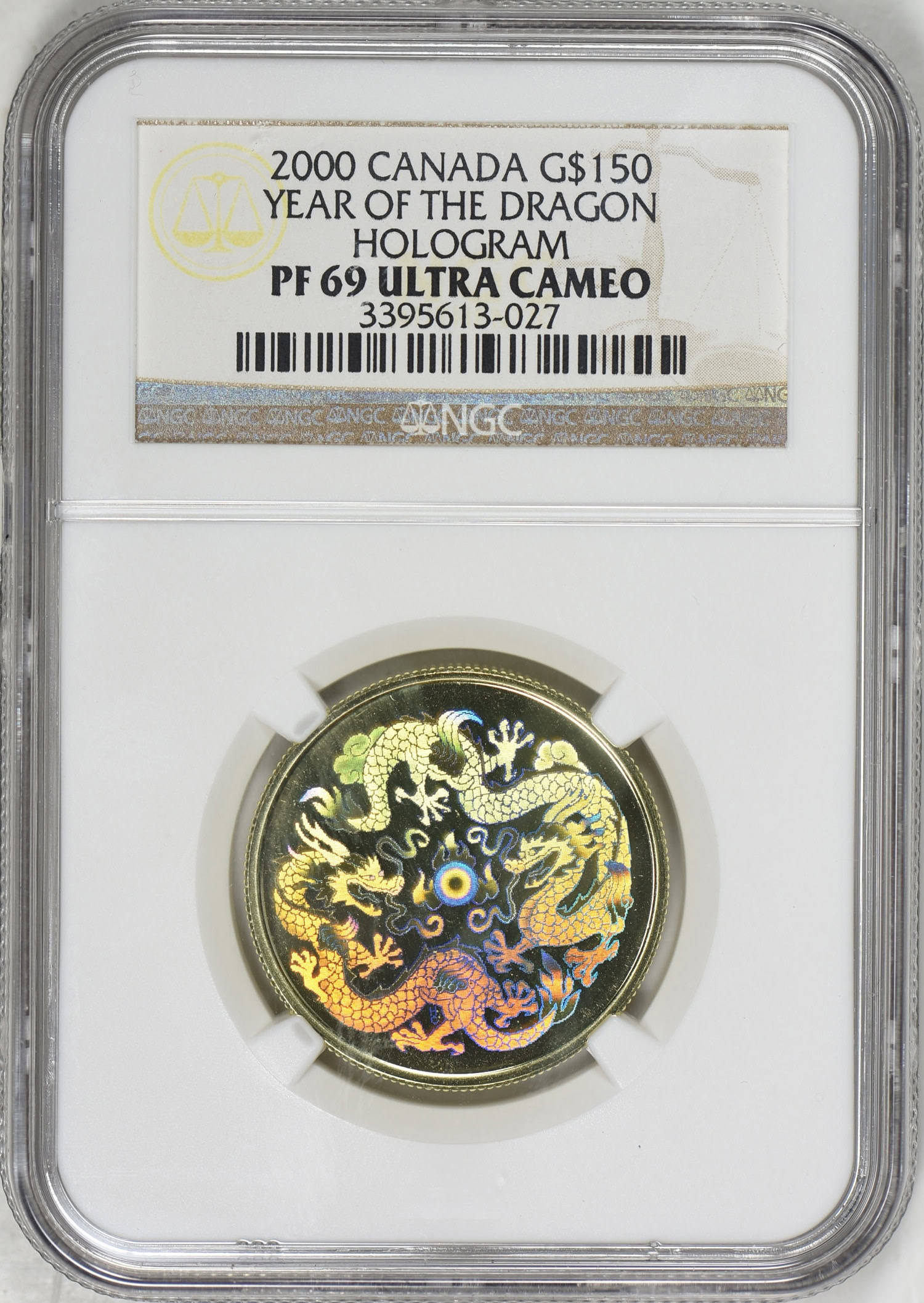 Canada 2000 G$150 Gold Dragon Hologram NGC Proof-69 UC (AGW