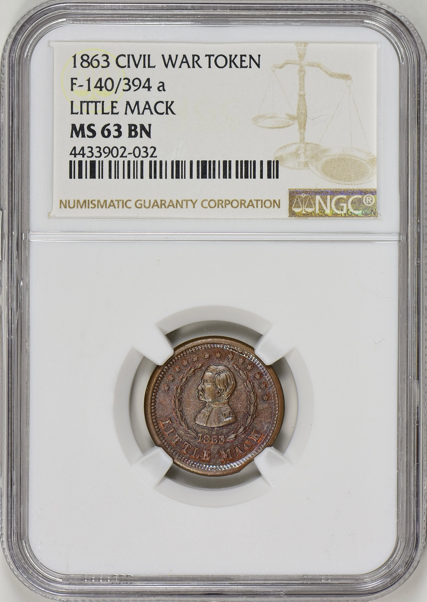 1863 Civil War Token F-140/394 a Little Mack NGC MS-63 BN | NGC Cert  #4433902-032 | GreatCollections Coin Auctions Item #466001