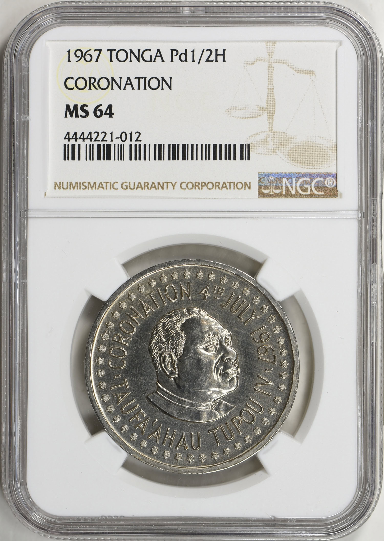 Tonga 1967 Palladium 1/2 Hau King Taufa'ahau IV's Coronation