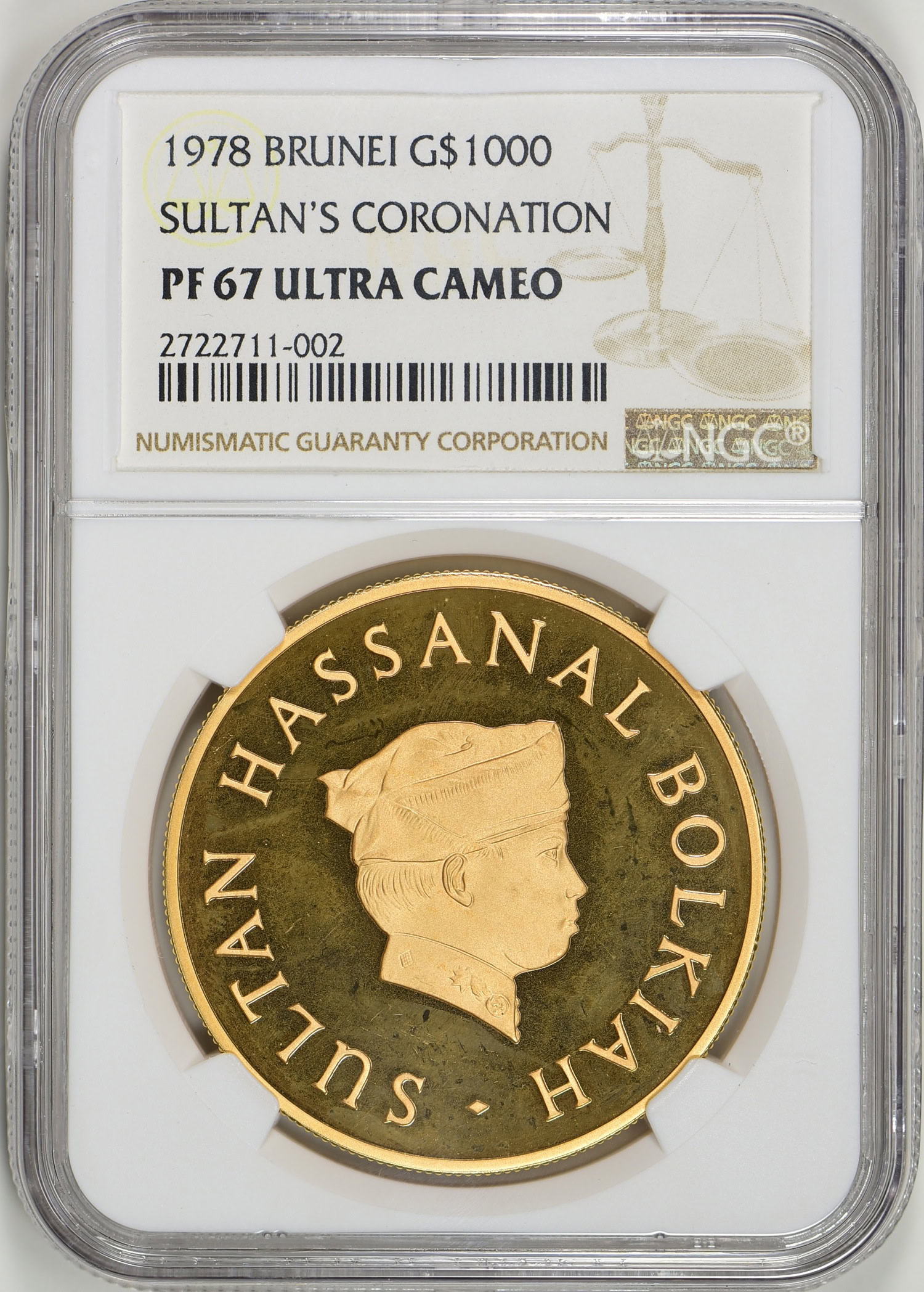 Brunei 1978 G$1000 Gold Sultan's Coronation NGC Proof-67 UC (AGW