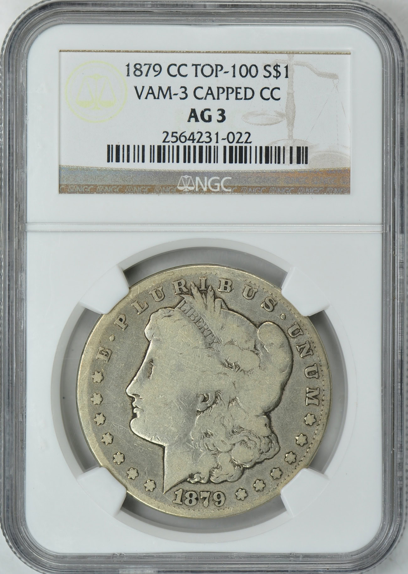 1879-CC Morgan Silver Dollar Capped Die VAM-3 Top 100 NGC AG-03