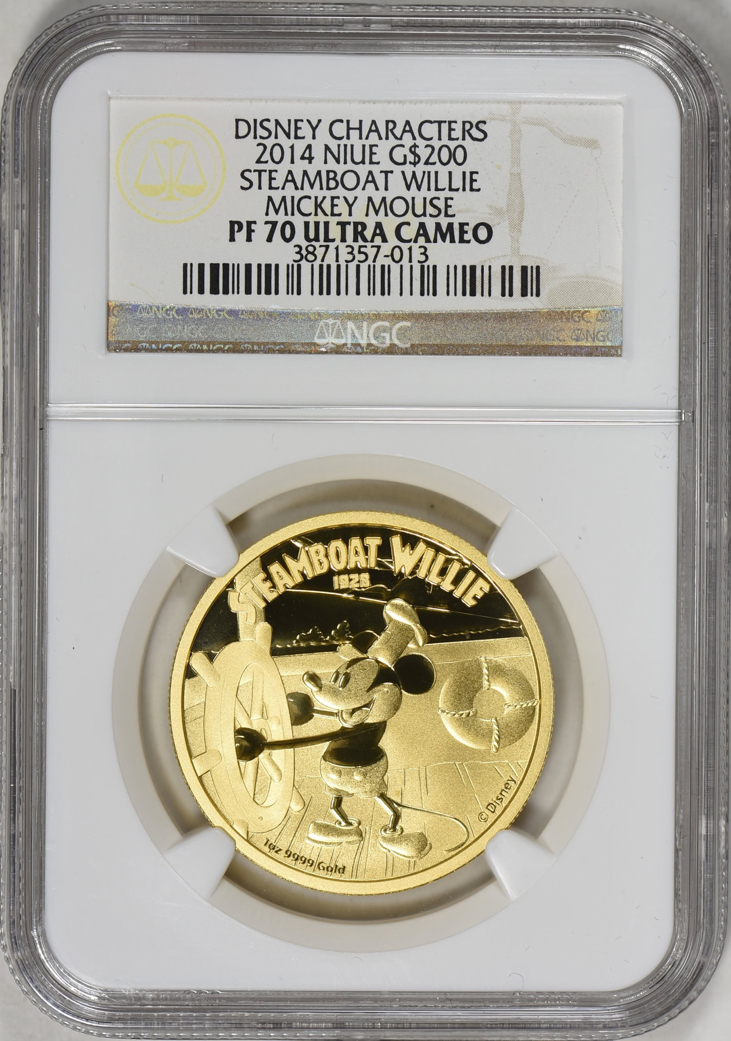 Niue 2014 Gold $200 Disney Characters - Steamboat Willie Mickey