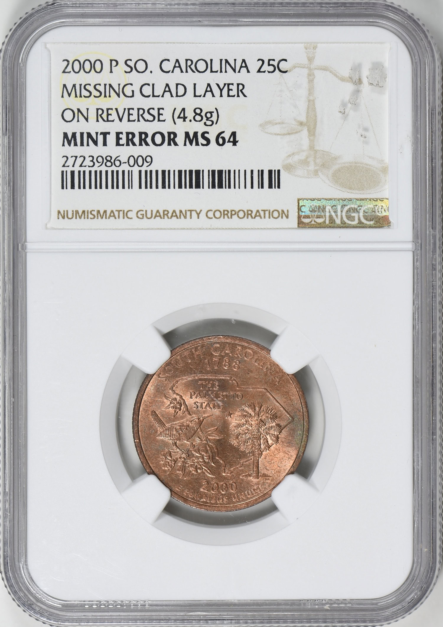 Mint Error 2000-P State Quarter South Carolina Missing Clad Layer