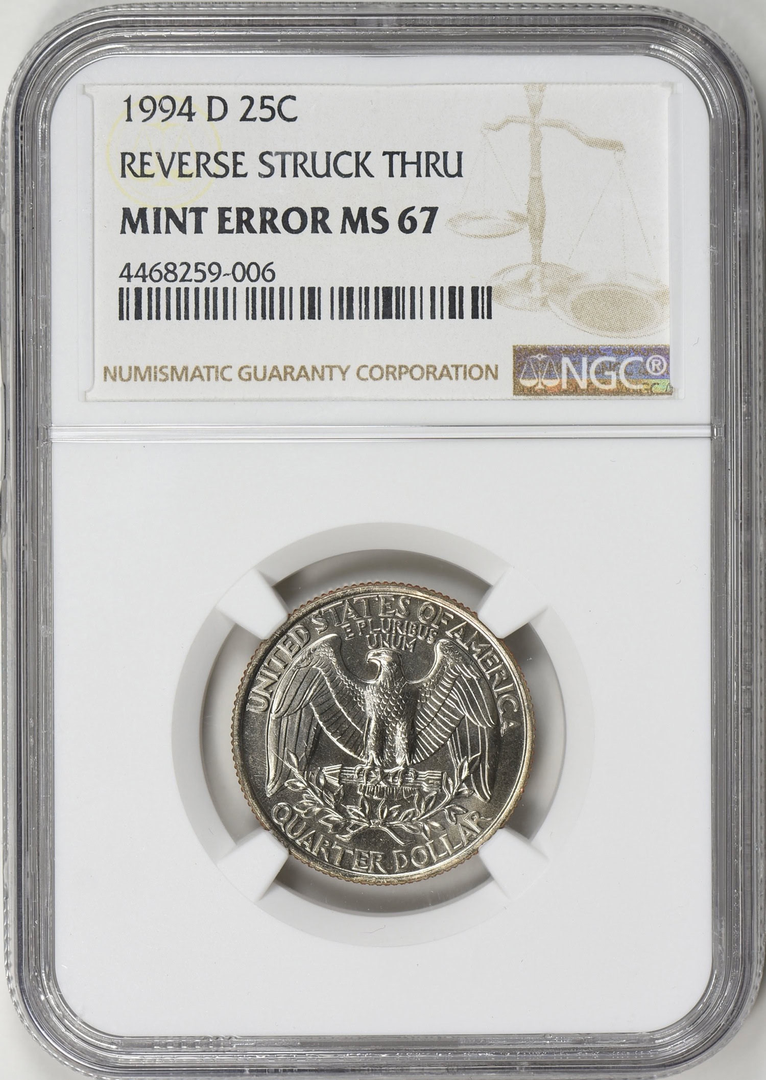 レア　入手困難　置物　USA 　ハゲワシ　A49 Mint Error 1994-D Washington Quarter Reverse Struck Through NGC MS
