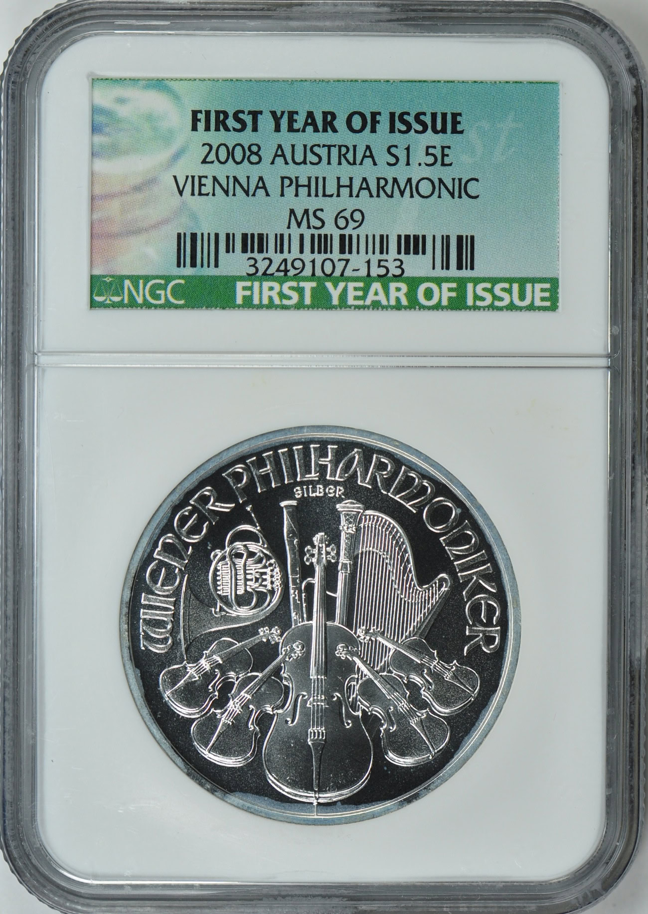 Austria 2008 1.5 Euro Silver Vienna Philharmonic NGC MS-69 (First