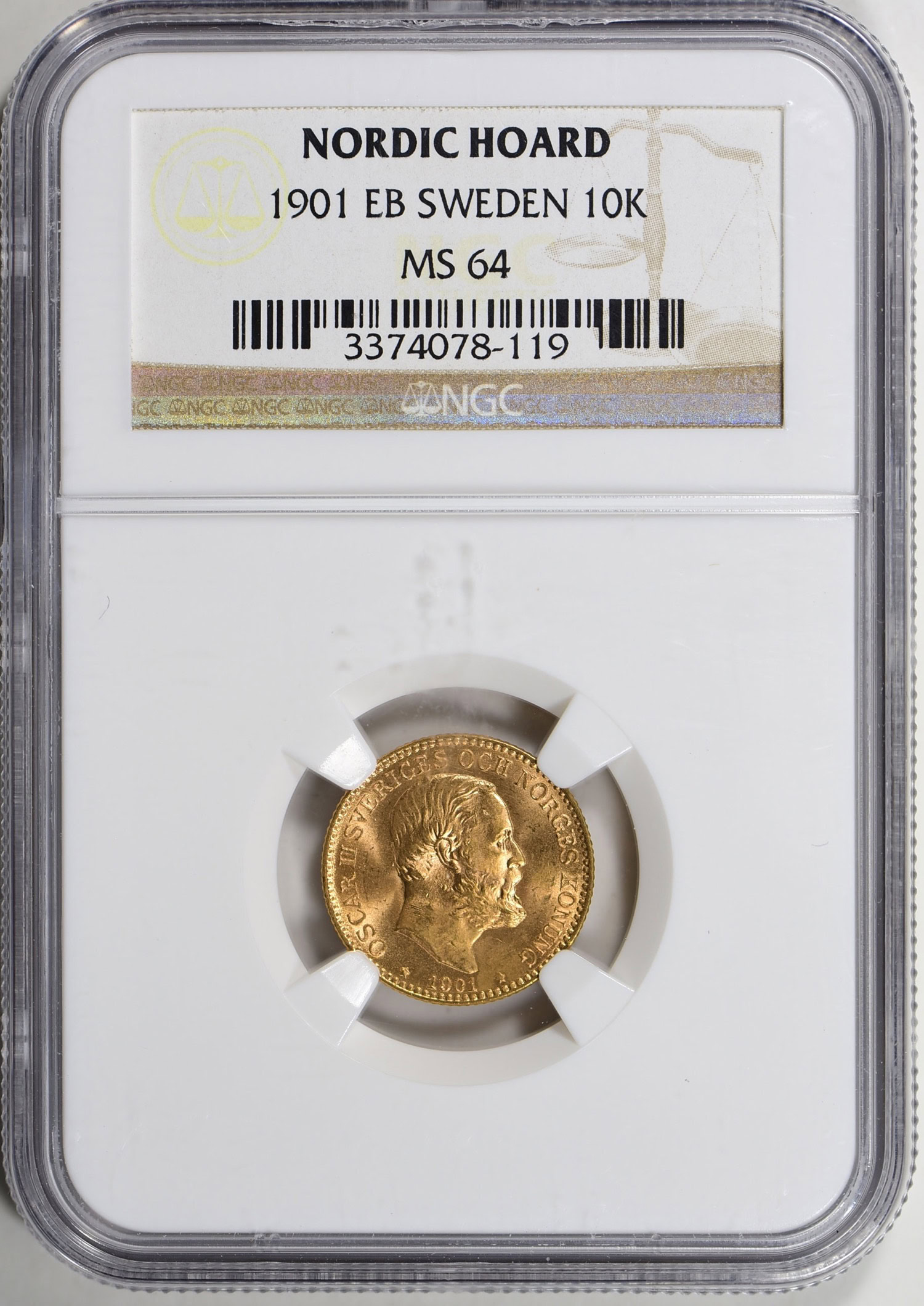 Sweden 1901 EB Gold 10 Kronor NGC MS-64 (Nordic Hoard) (AGW