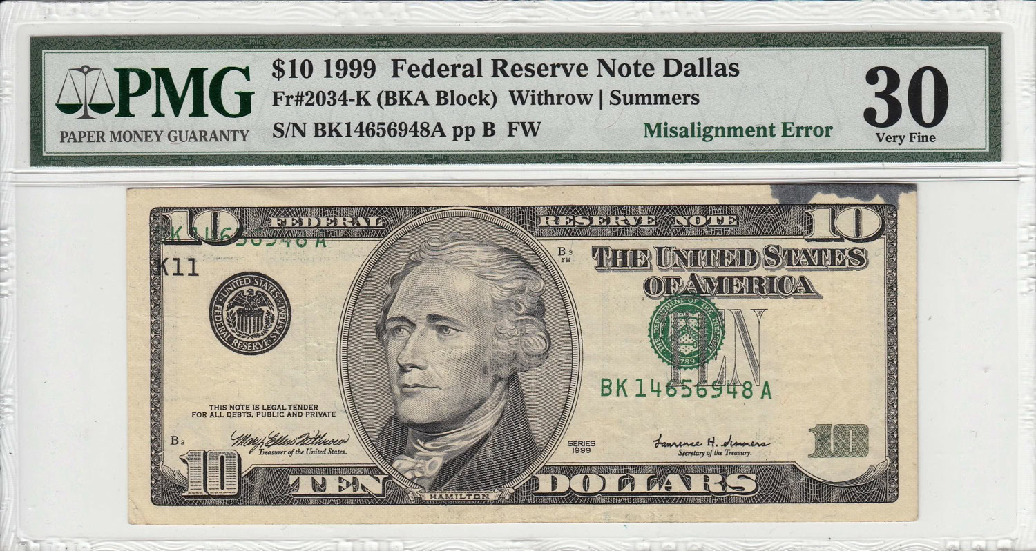 Fr. 2034-K (BKA Block) 1999 $10 Federal Reserve Dallas Misalignment ...