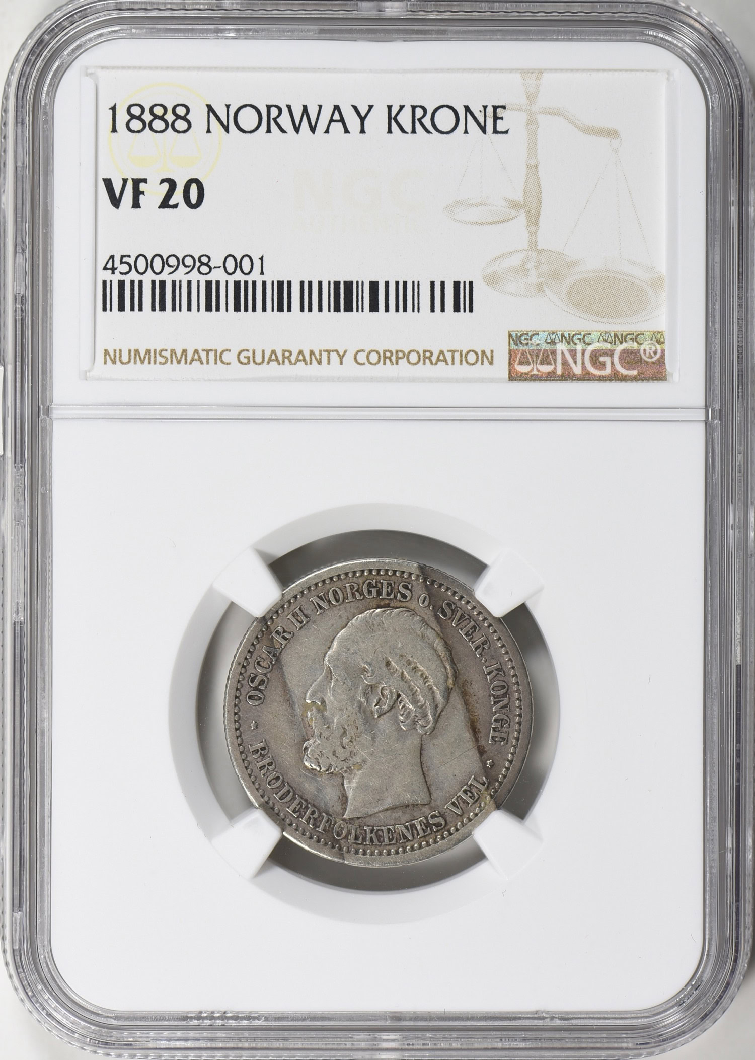 Norway 1888 Silver Krone NGC VF-20 | NGC Cert #4500998-001