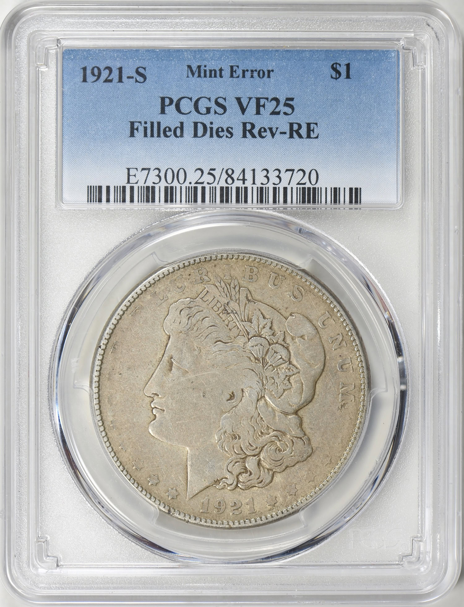 Mint Error 1921-S $1 Morgan Silver Dollar Filled Dies Rev-RE PCGS