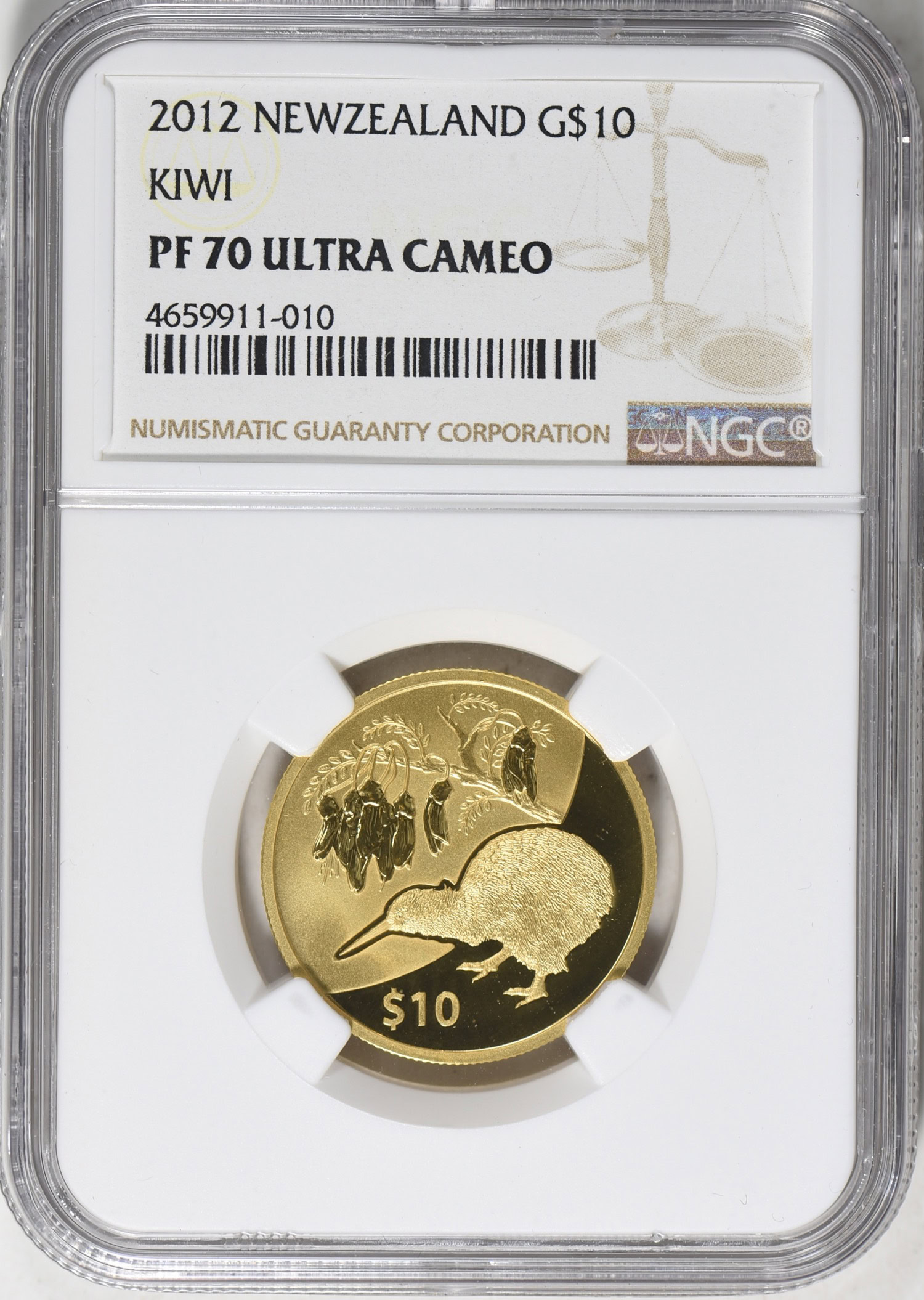 New Zealand 2012 Gold $10 Kiwi NGC Proof-70 Ultra Cameo (AGW