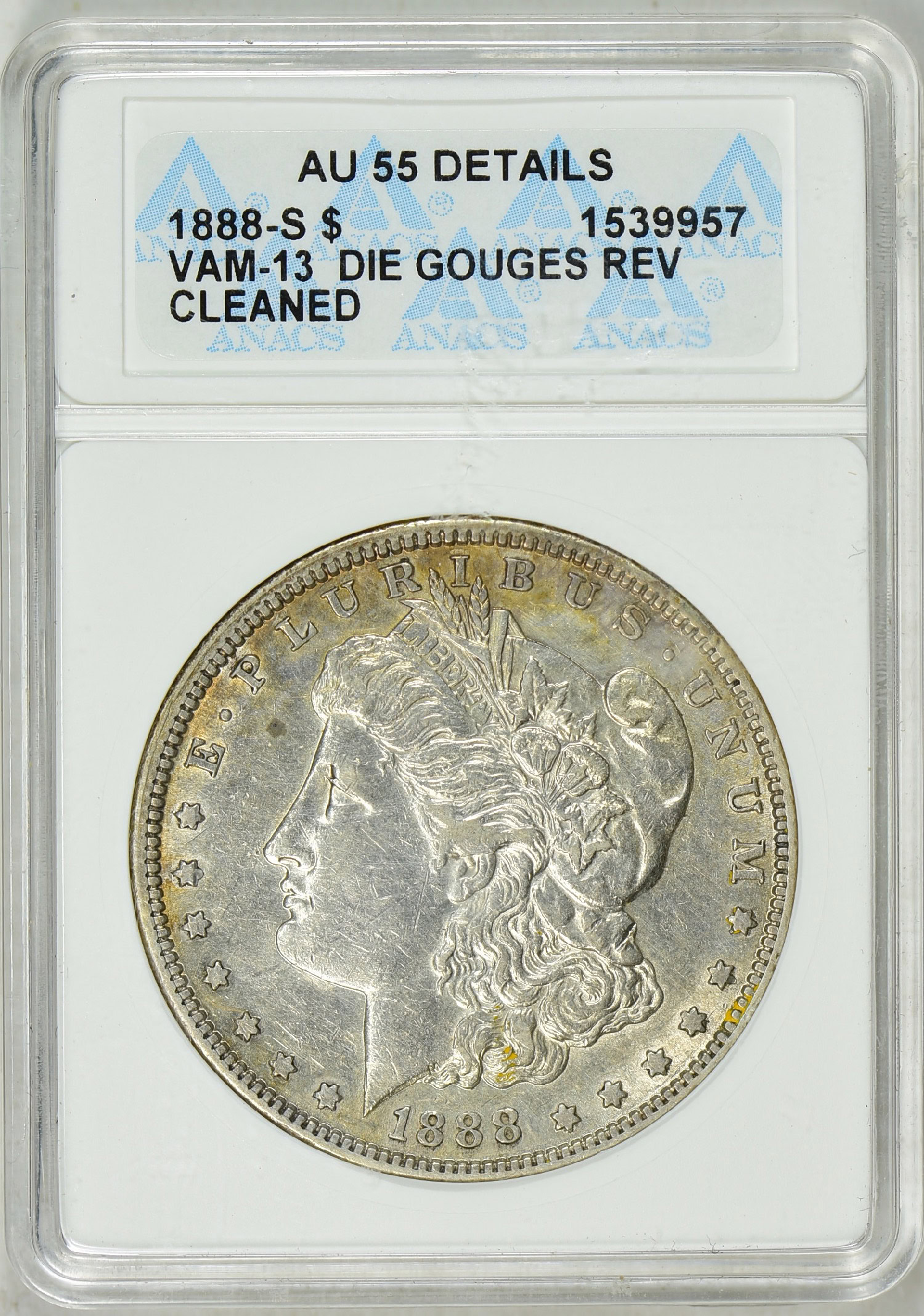 1888-S Morgan Silver Dollar VAM-13 Die Gouges Rev ANACS AU-55 Details ...