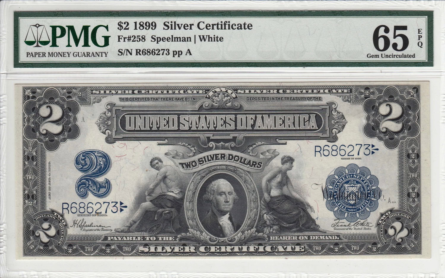 Fr. 258 1899 $2 Silver Certificate Note Speelman / White PMG Gem