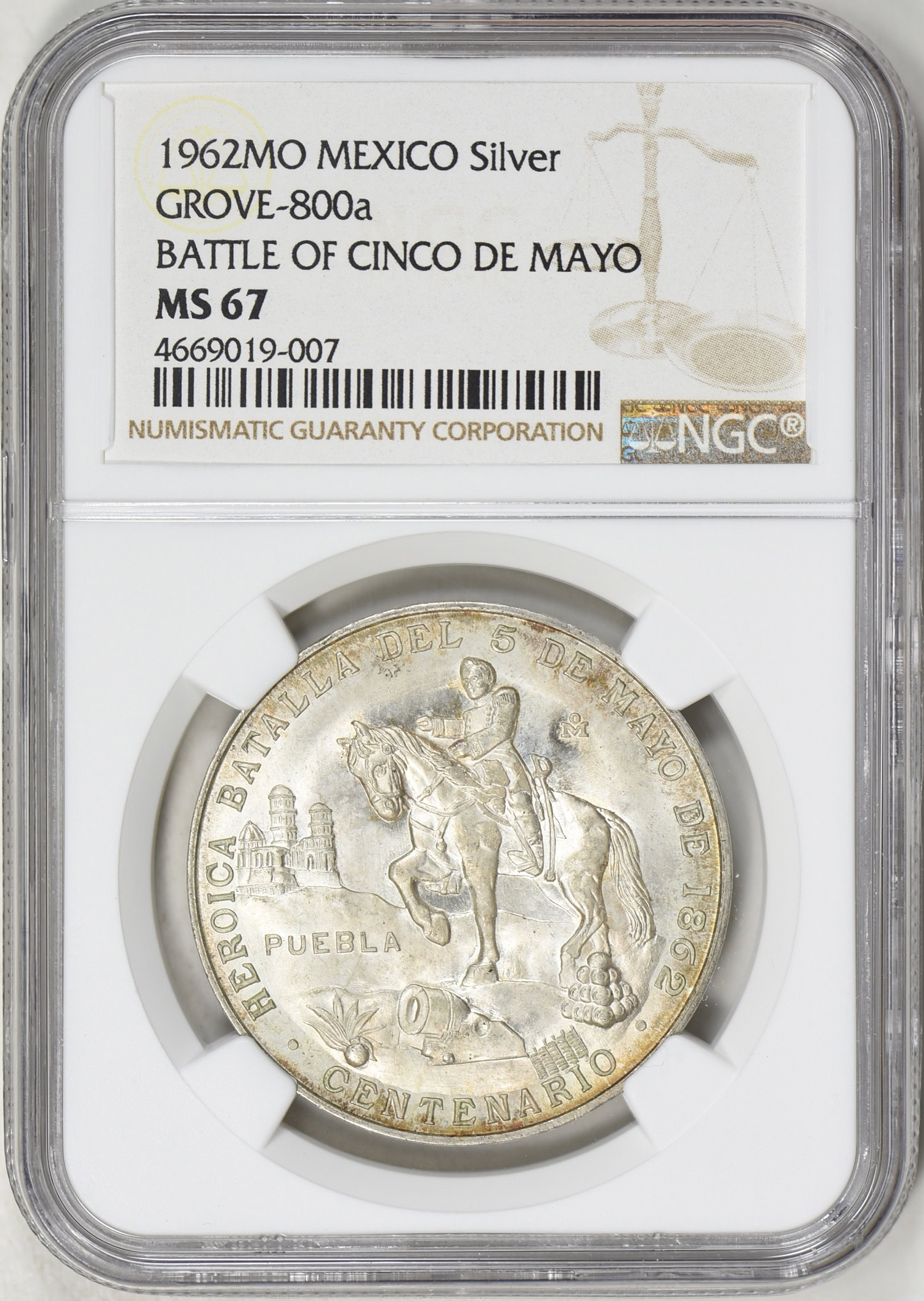Mexico 1962-Mo Silver Grove-800a Battle of Cinco De Mayo NGC MS-67