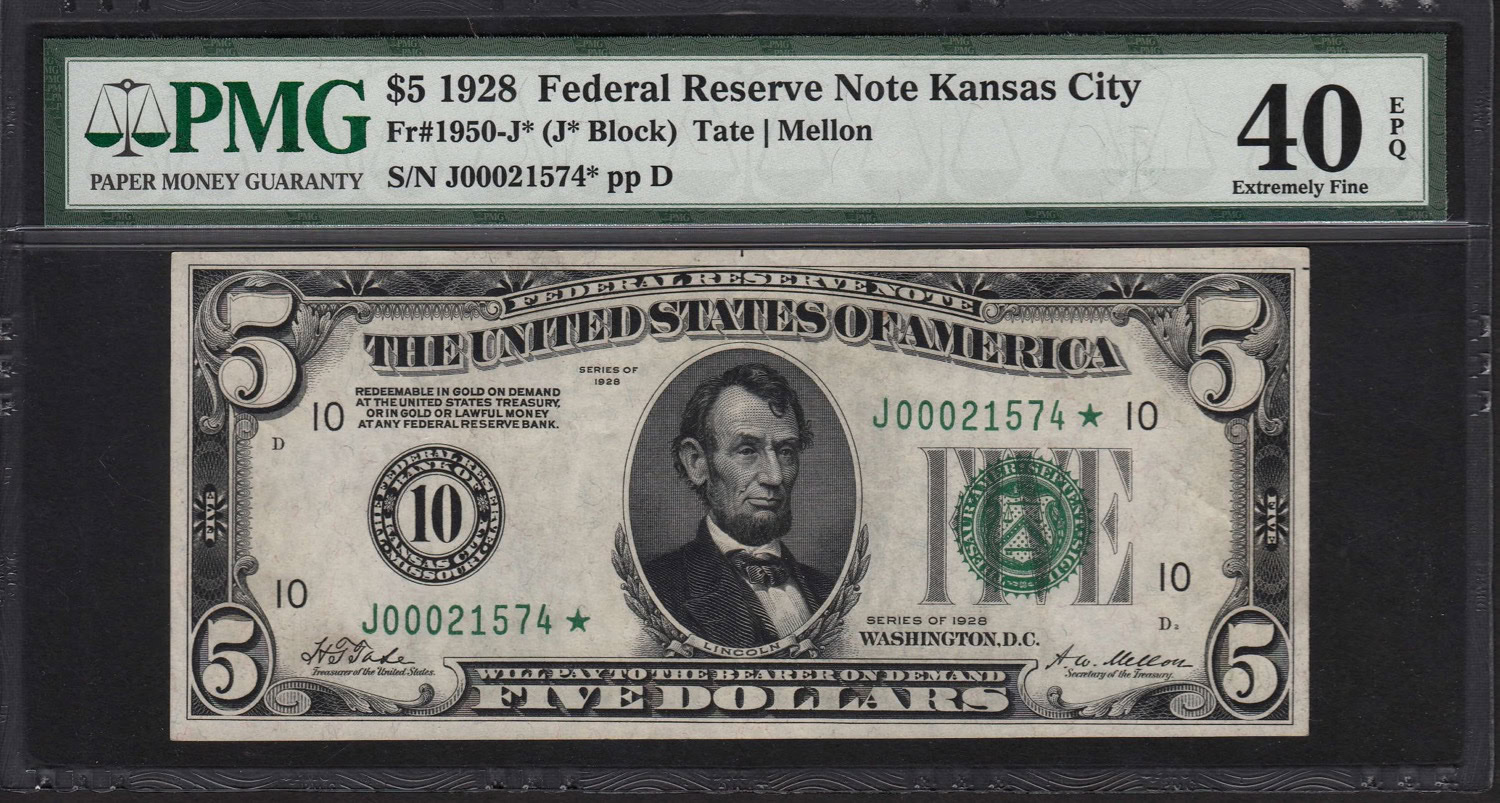 Fr. 1950J★ (J★ Block) 1928 5 Kansas City Federal Reserve Star Note