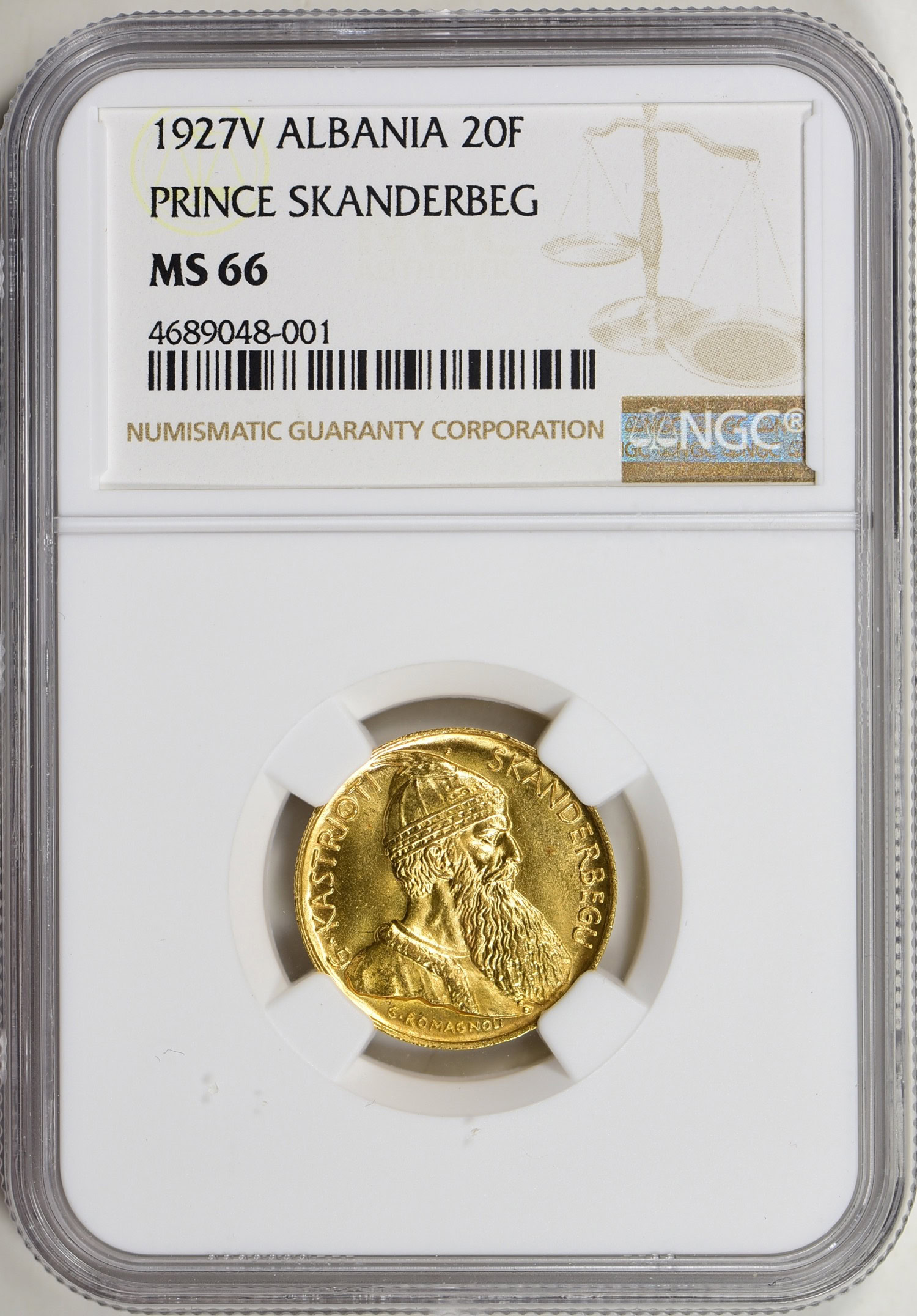 Albania 1927-V Gold 20 Franga Ari Prince Skanderbeg KM-12 NGC MS