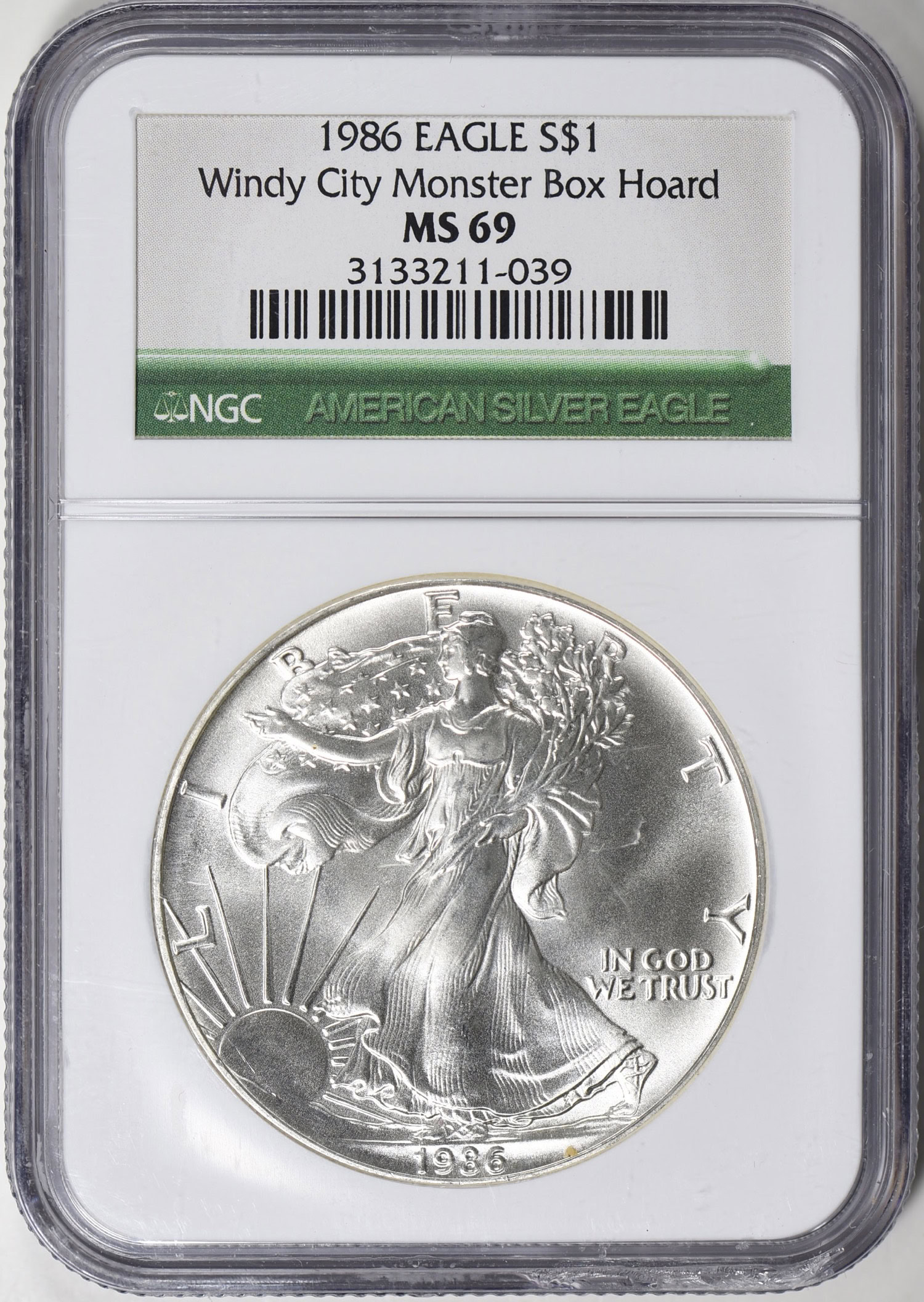 1986 $1 Silver Eagle NGC MS-69 (Windy City Monster Box Hoard