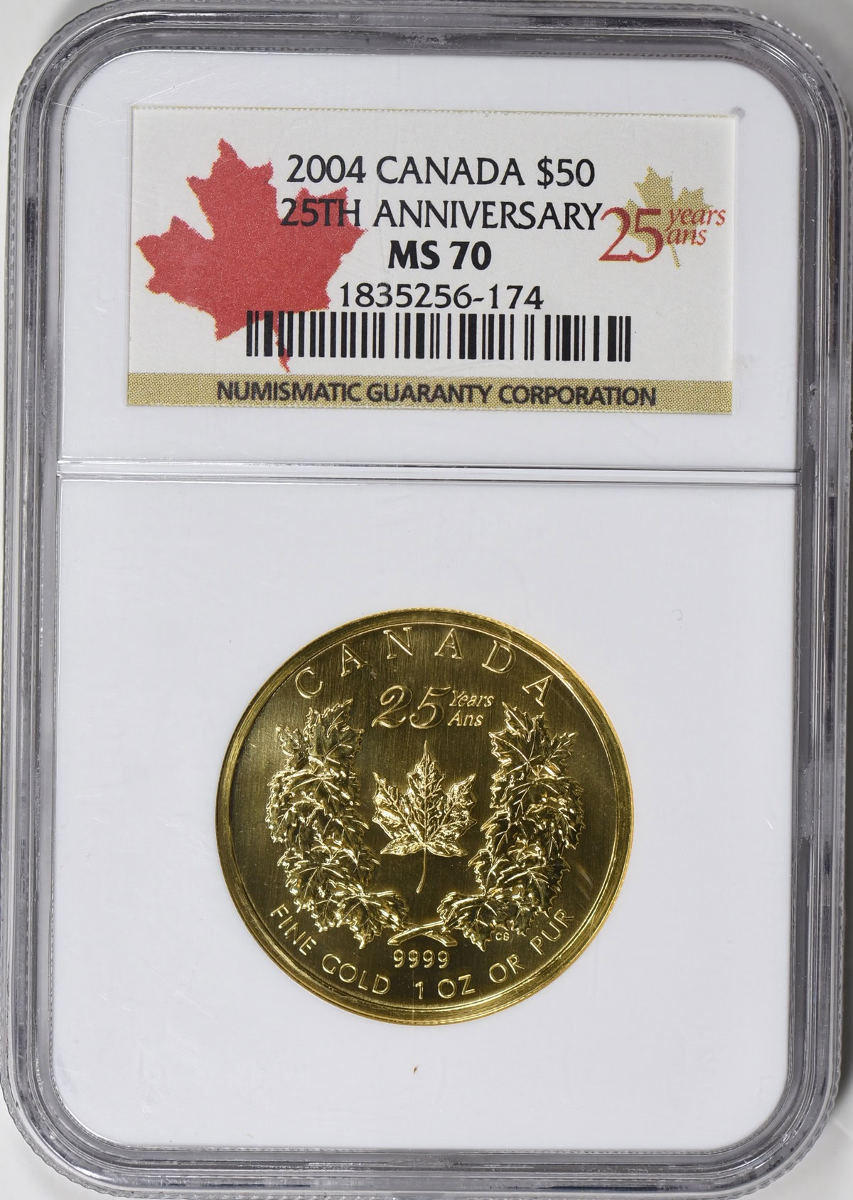 Canada 2004 G$50 Gold Maple Leaf 25th Anniversary NGC MS-70 (AGW