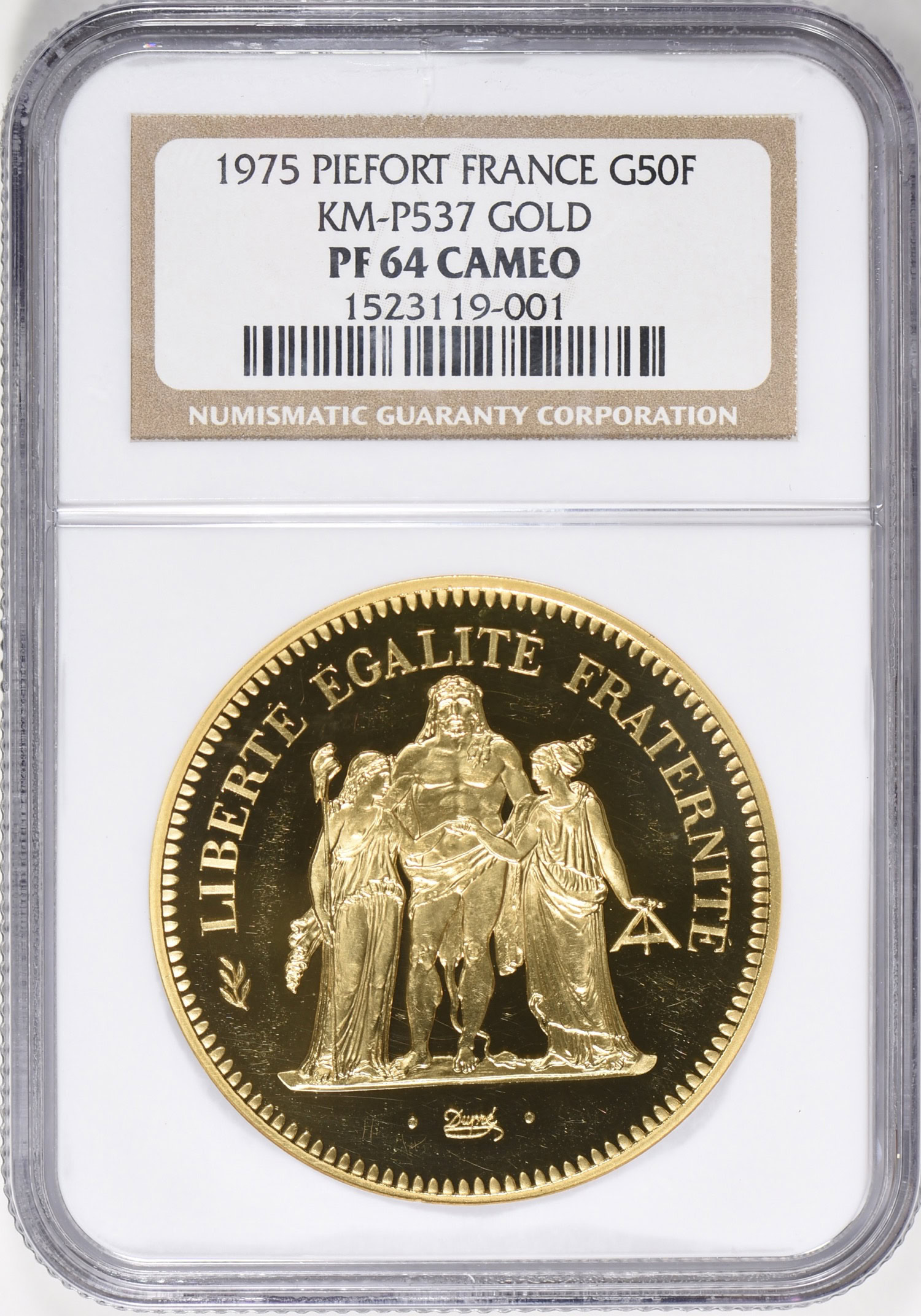 France 1975 Gold 50 Francs Piedfort/Piefort KM-P537 NGC Proof-64