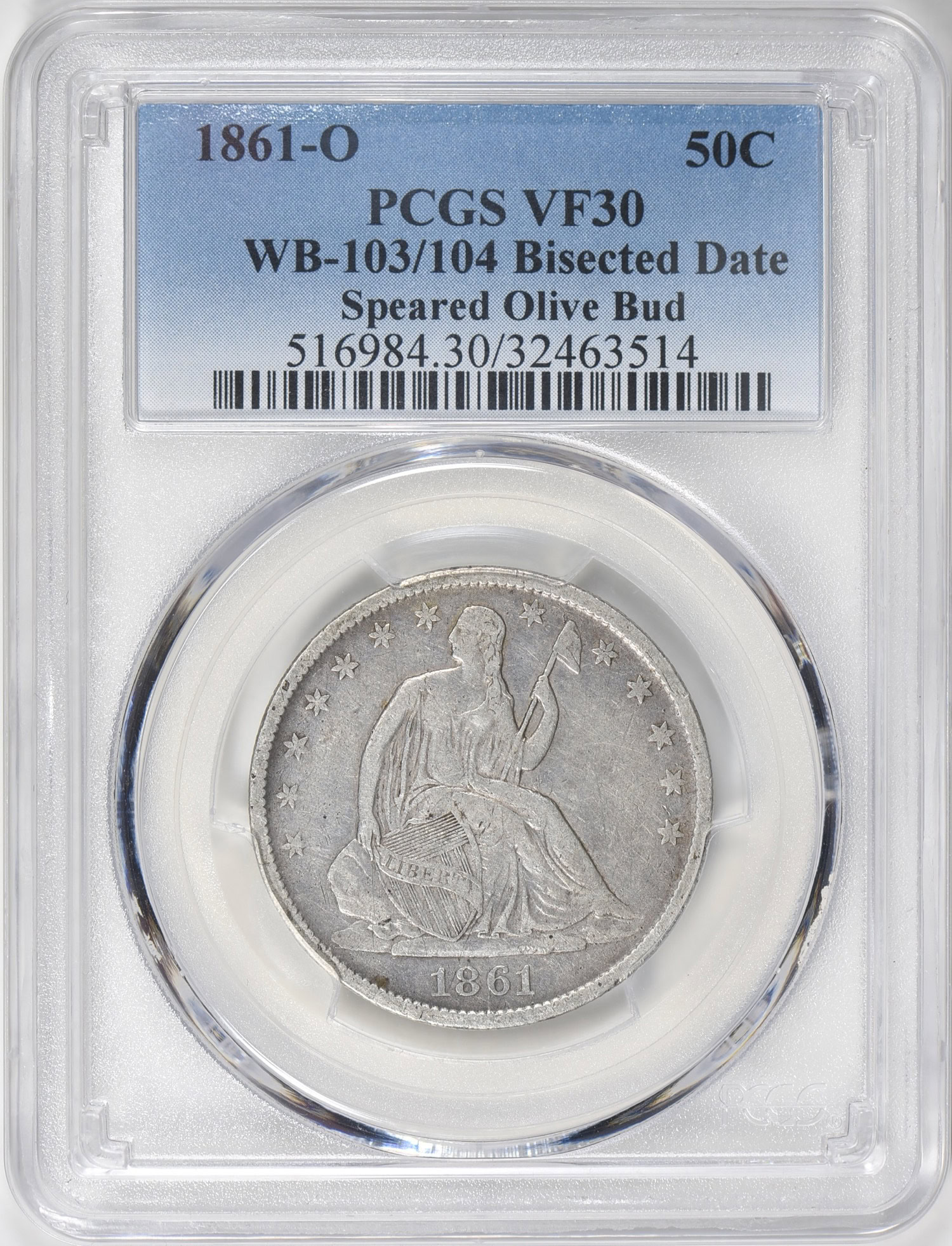 1861-O Seated Liberty Half Dollar WB-103/104 Bisected Date Speared