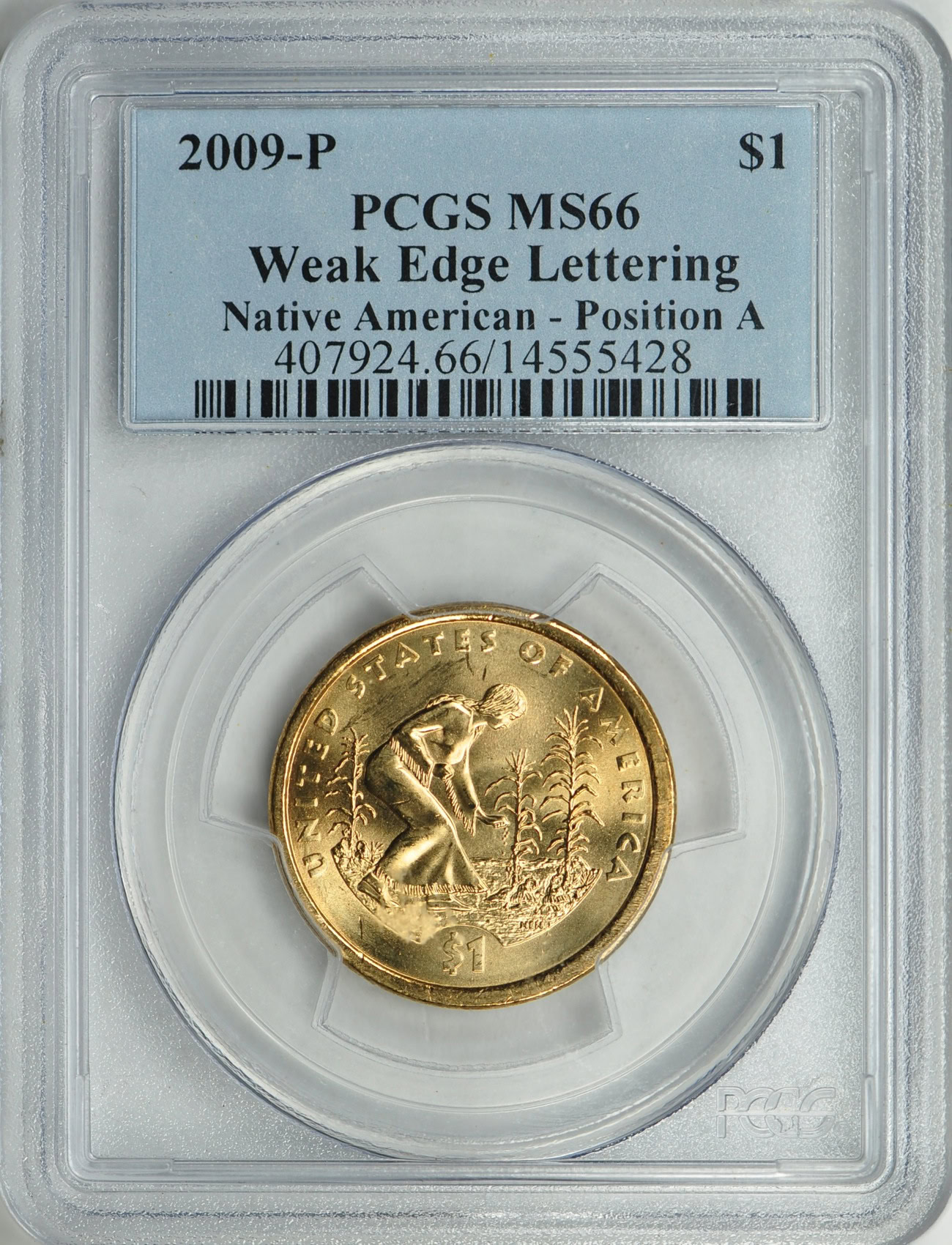 2009-P Sacagawea Dollar Native American. Position A, Weak Edge