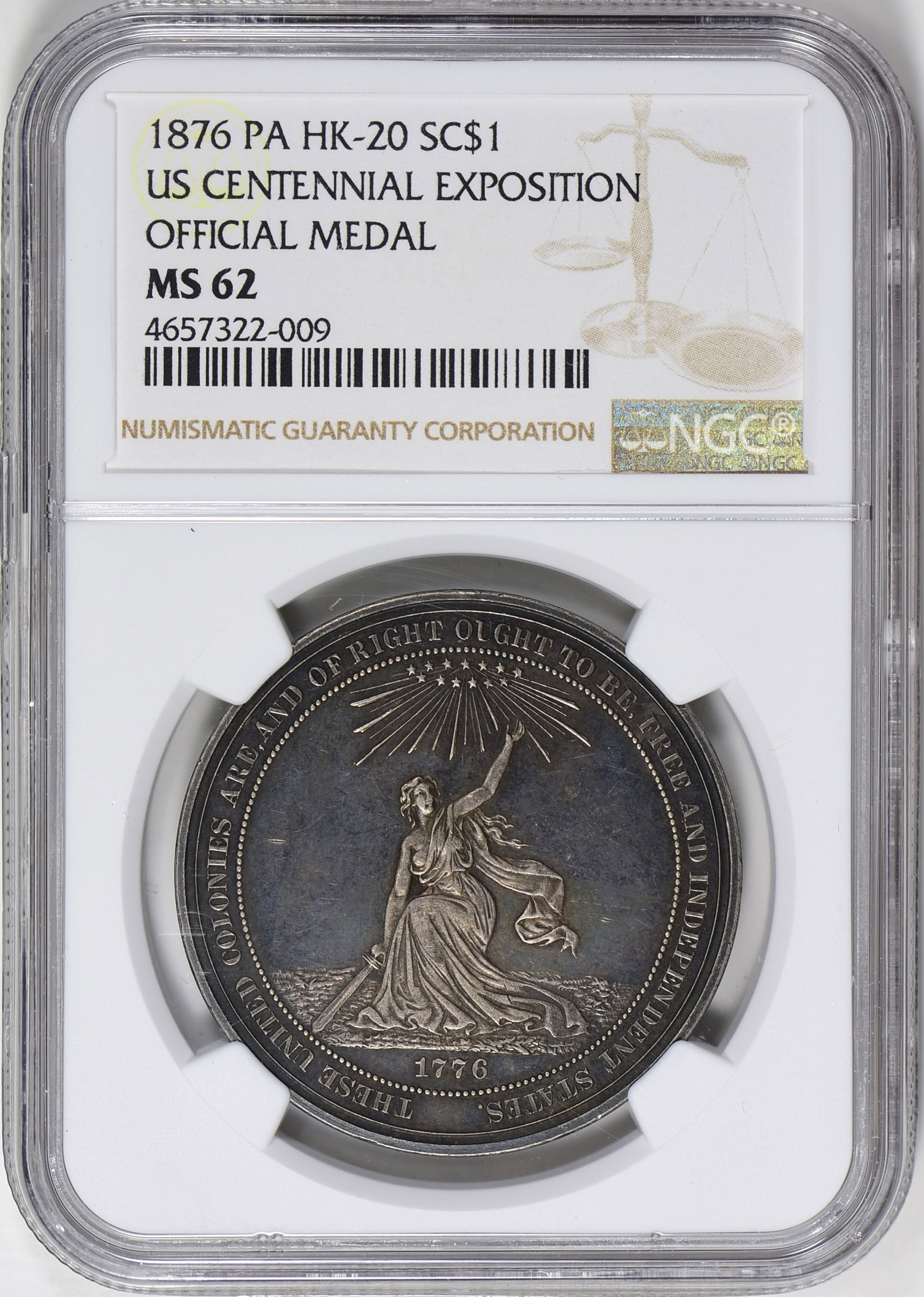1876 PA HK-20 SC$1 US Centennial Exposition Official Medal NGC MS