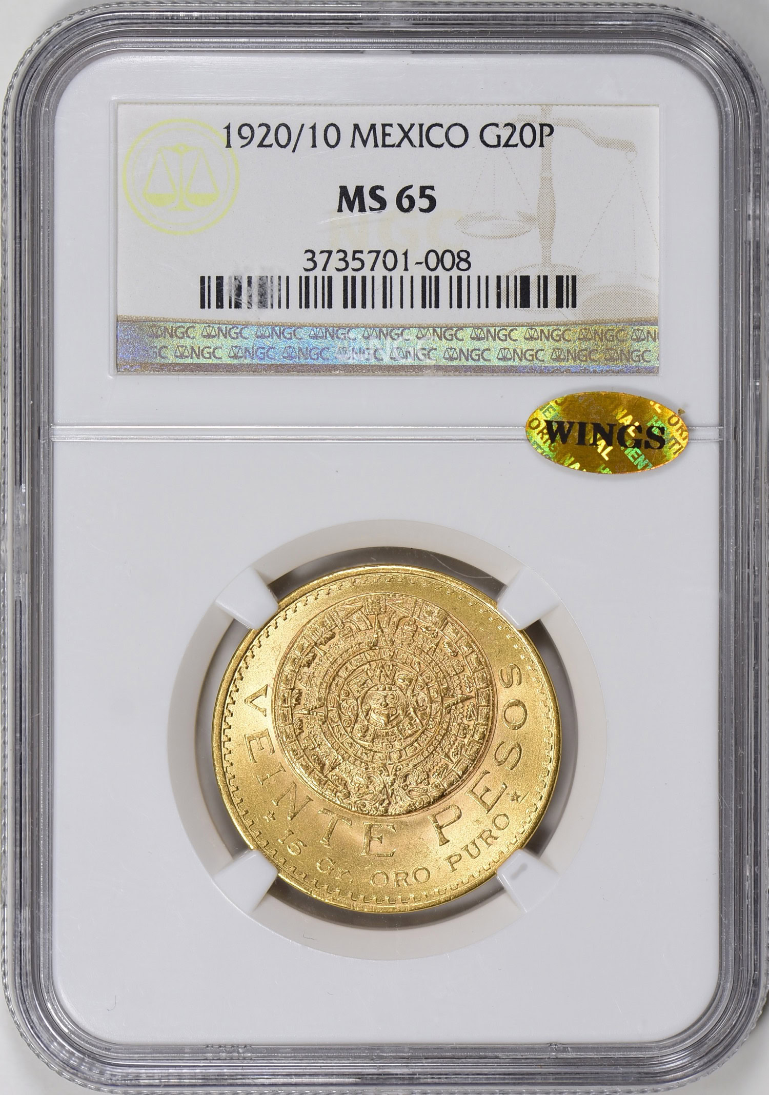 Mexico 1920/10 Gold 20 Pesos NGC MS-65 WINGS (AGW = 0.4822 oz