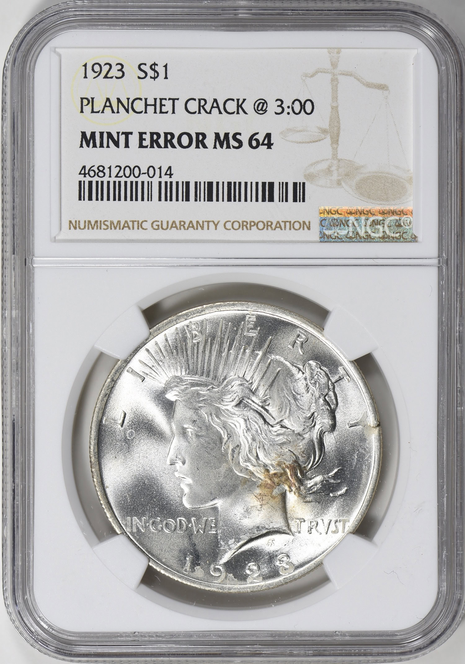 1923年 アメリカ ピースダラー 銀貨 NGC MS64 アンティーク Mint Error 1923 Peace Silver Dollar Planchet Crack @ 3:00 NGC MS