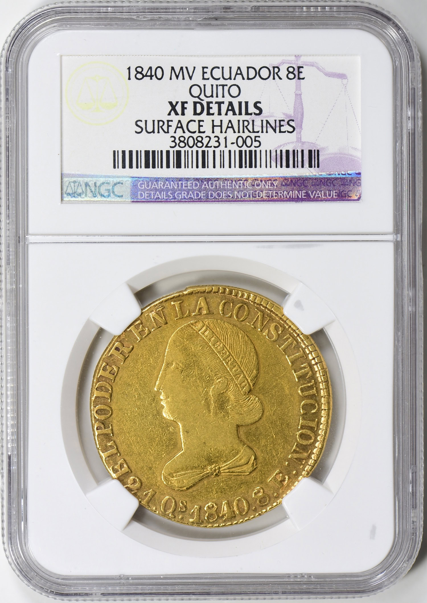Ecuador 1840 MV Gold 8 Escudos Quito NGC XF Details (AGW = 0.7613
