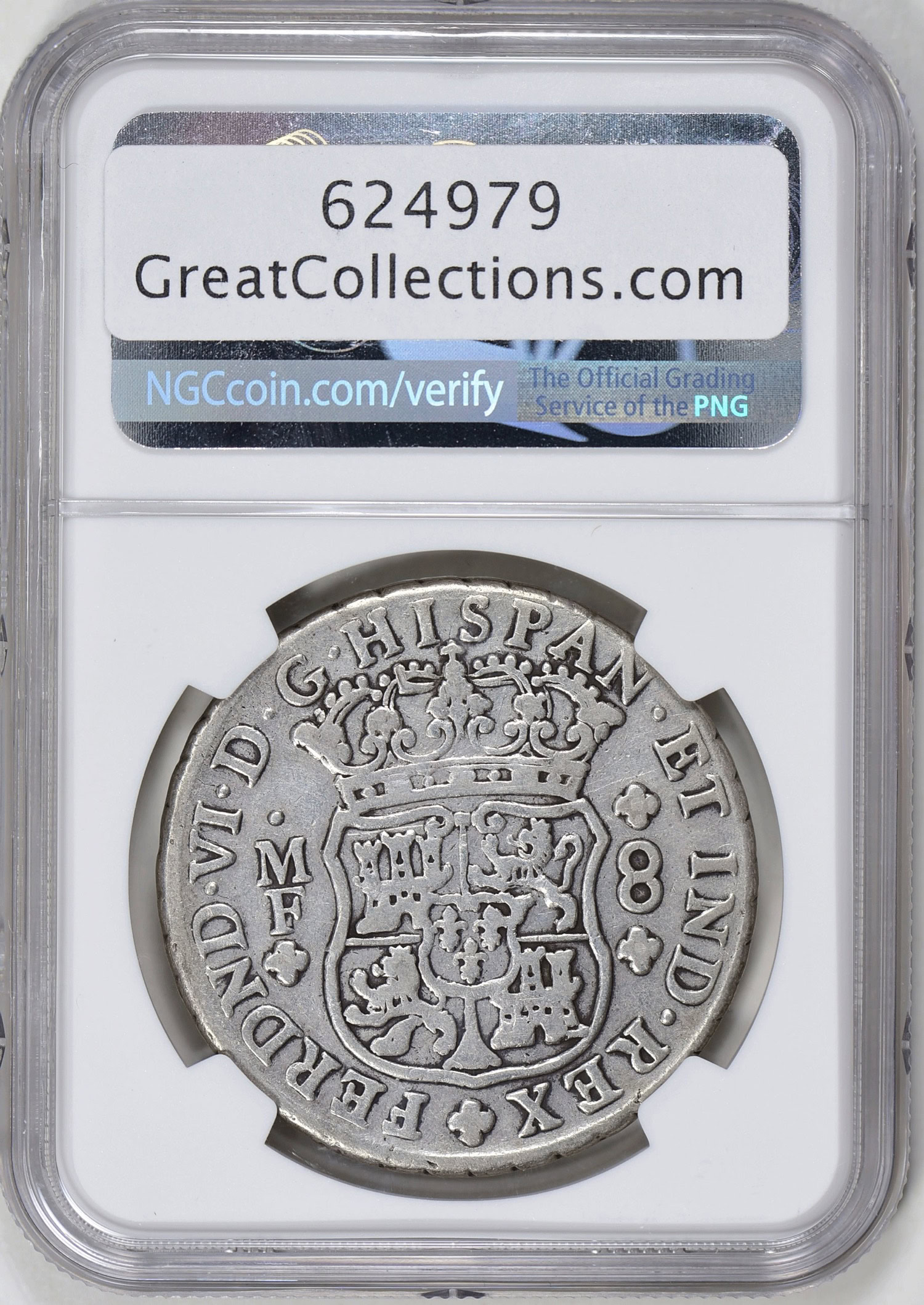 Mexico 1754-Mo MF Silver 8 Reales Imperial Crown Left Pillar KM