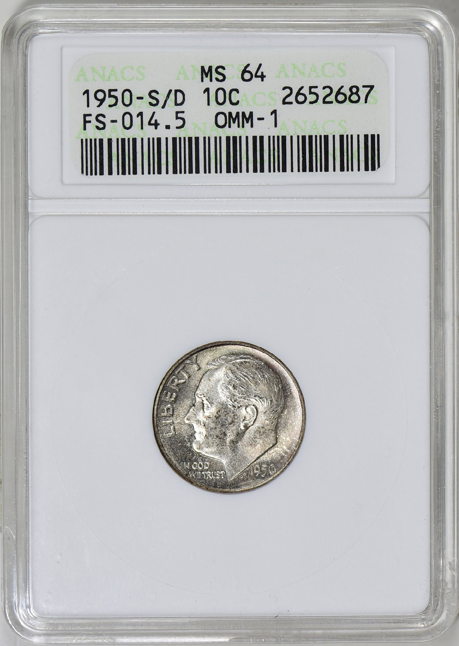 1950-S/D Roosevelt Dime OMM-1 FS-014.5 ANACS MS-64 OH (Item 626123