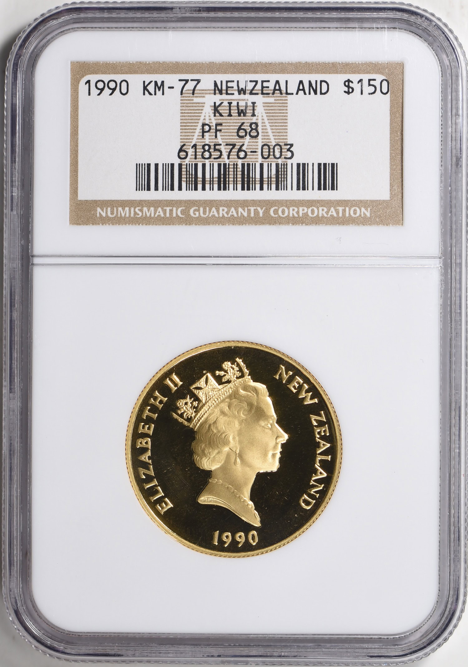 New Zealand 1990 Gold $150 Kiwi KM-77 NGC Proof-68 (AGW = 0.4997