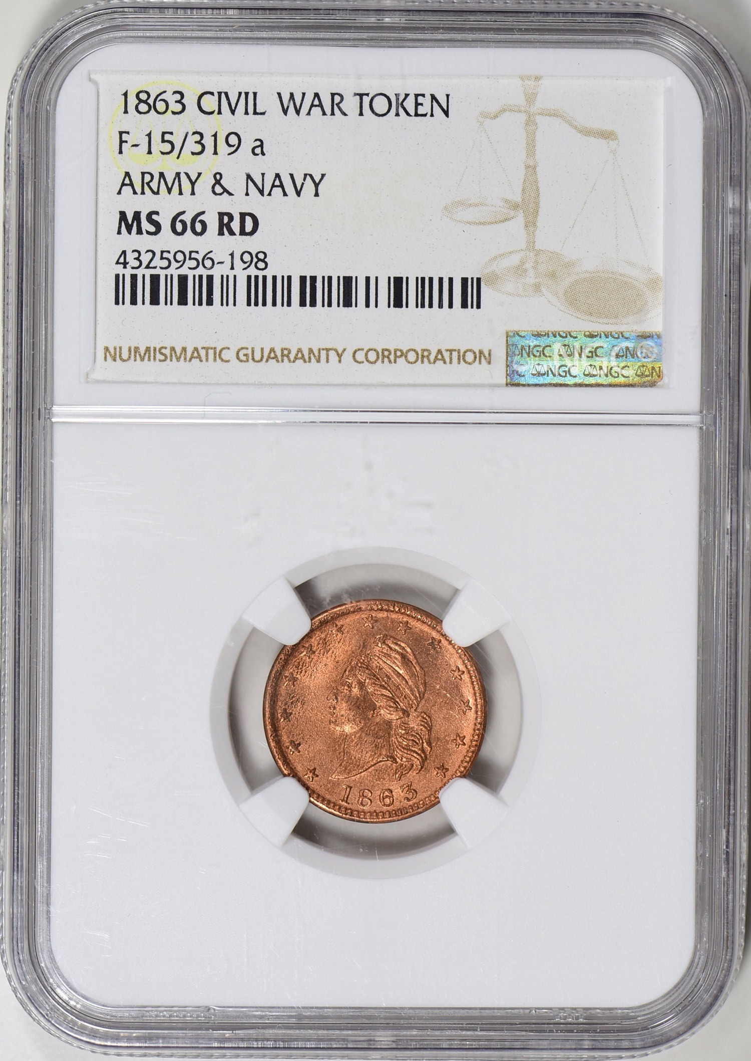 1863 Civil War Token F-15/319 a Army & Navy NGC MS-66 RD | NGC Cert  #4325956-198 | GreatCollections Coin Auctions Item #627460