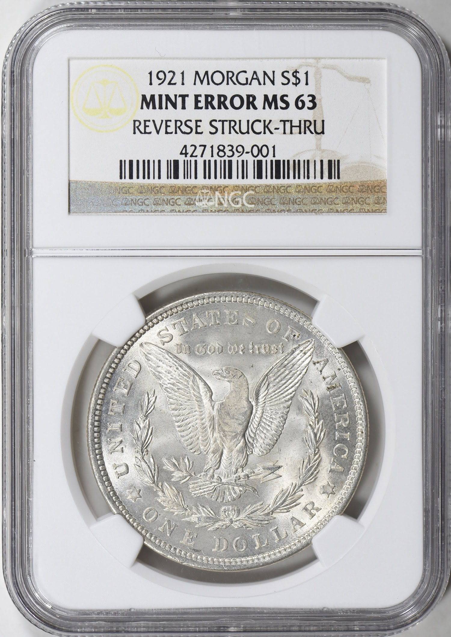 Mint Error 1921 Morgan Silver Dollar Reverse Struck Through NGC MS