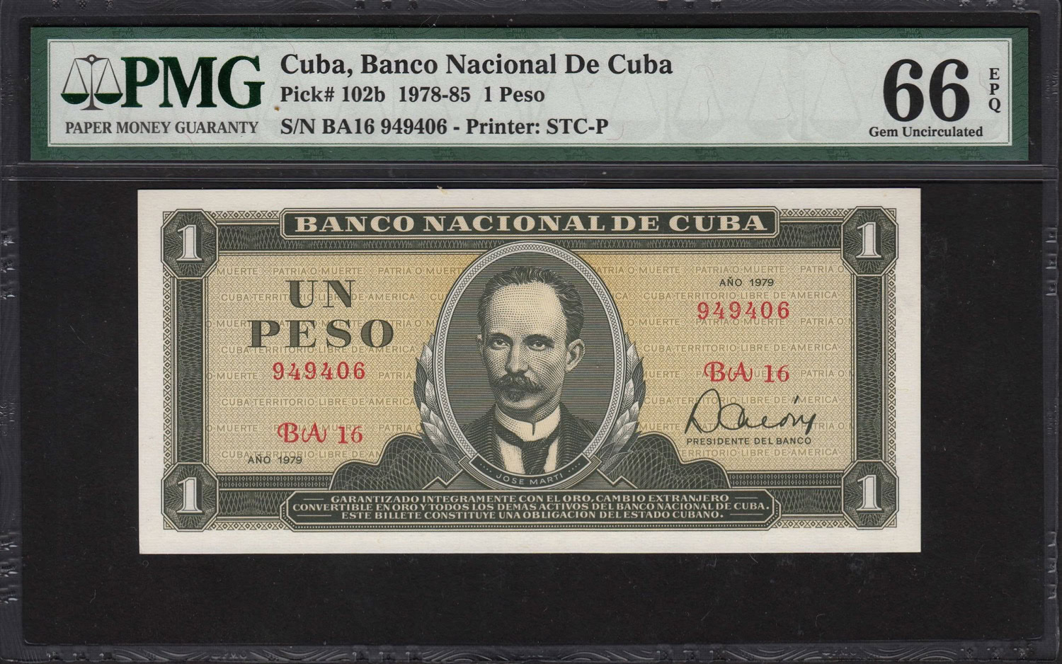 Cuba 1978-85 1 Peso Banco Nacional de Cuba Note SCWPM-102b PMG Gem