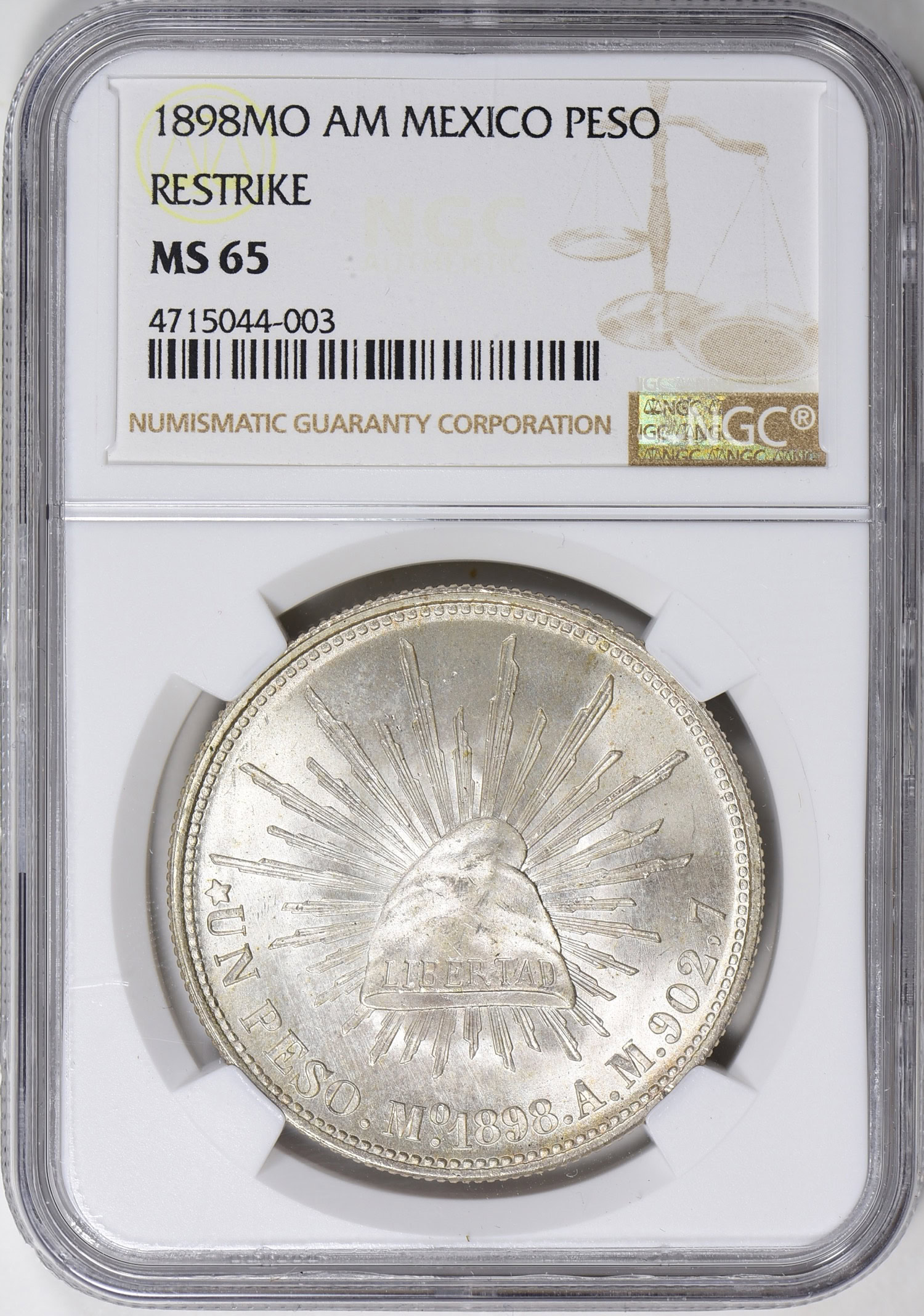 Mexico 1898-Mo AM Silver Peso Restrike KM-409.2 NGC MS-65 (Item