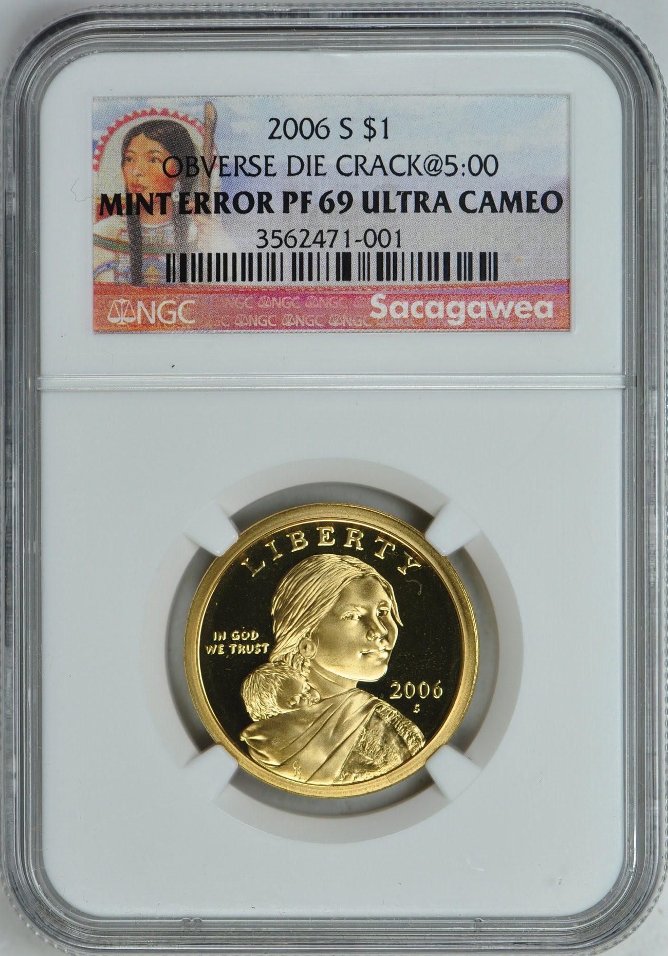 Mint Error 2006-S Sacagawea Dollar Obverse Die Crack @ 5:00 NGC