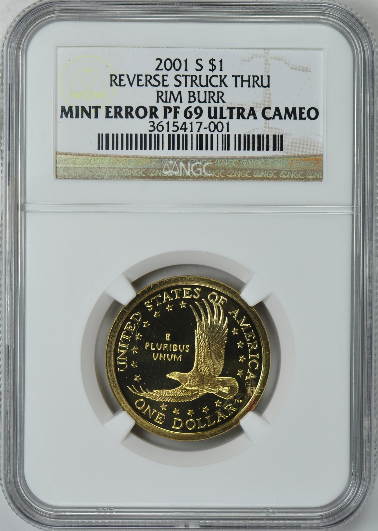 Mint Error 2001-S Sacagawea Dollar Reverse Struck Through Rim Burr