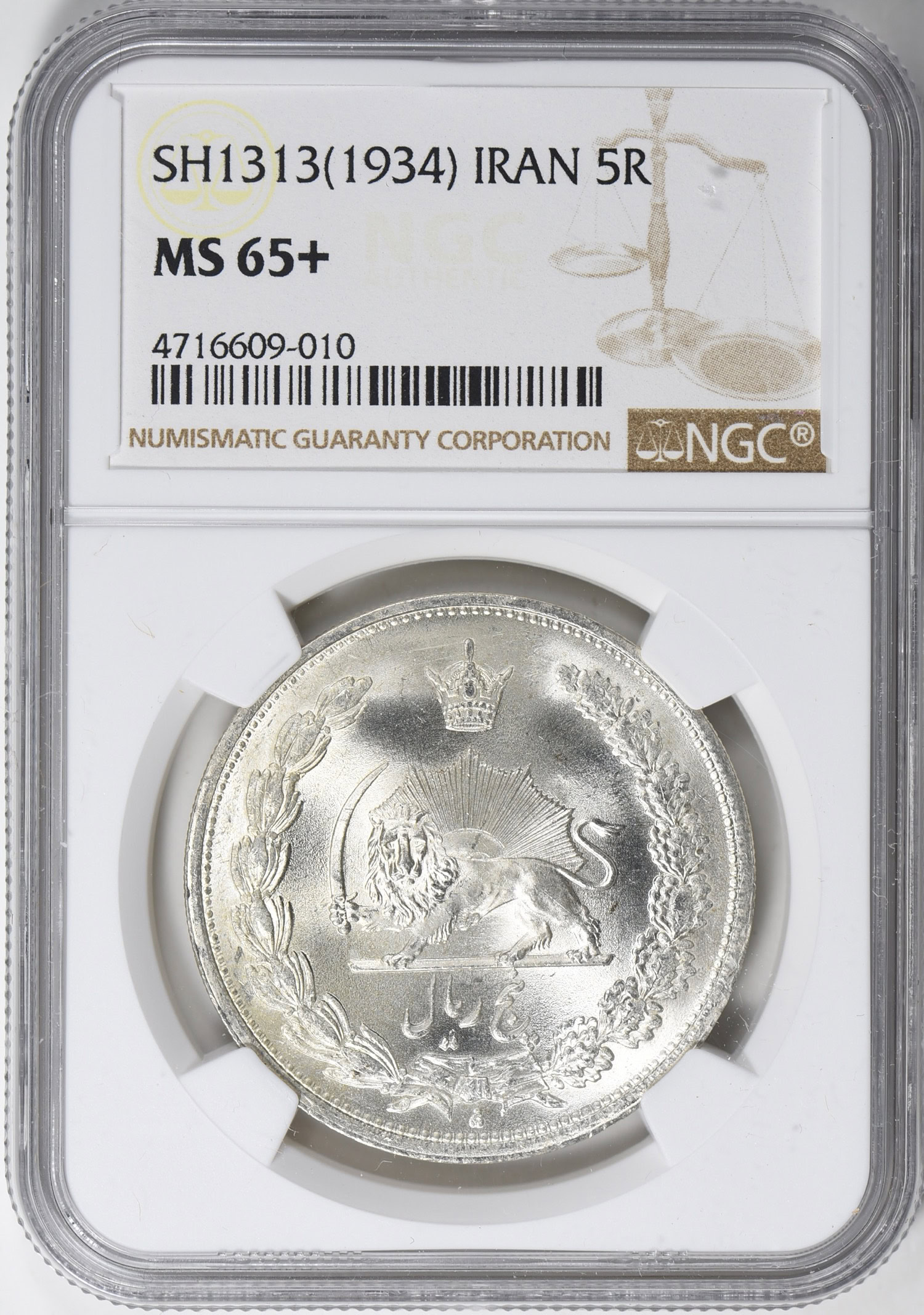 Iran SH 1313 (1934) Silver 5 Rials KM-1131 NGC MS-65+ (Item 688818