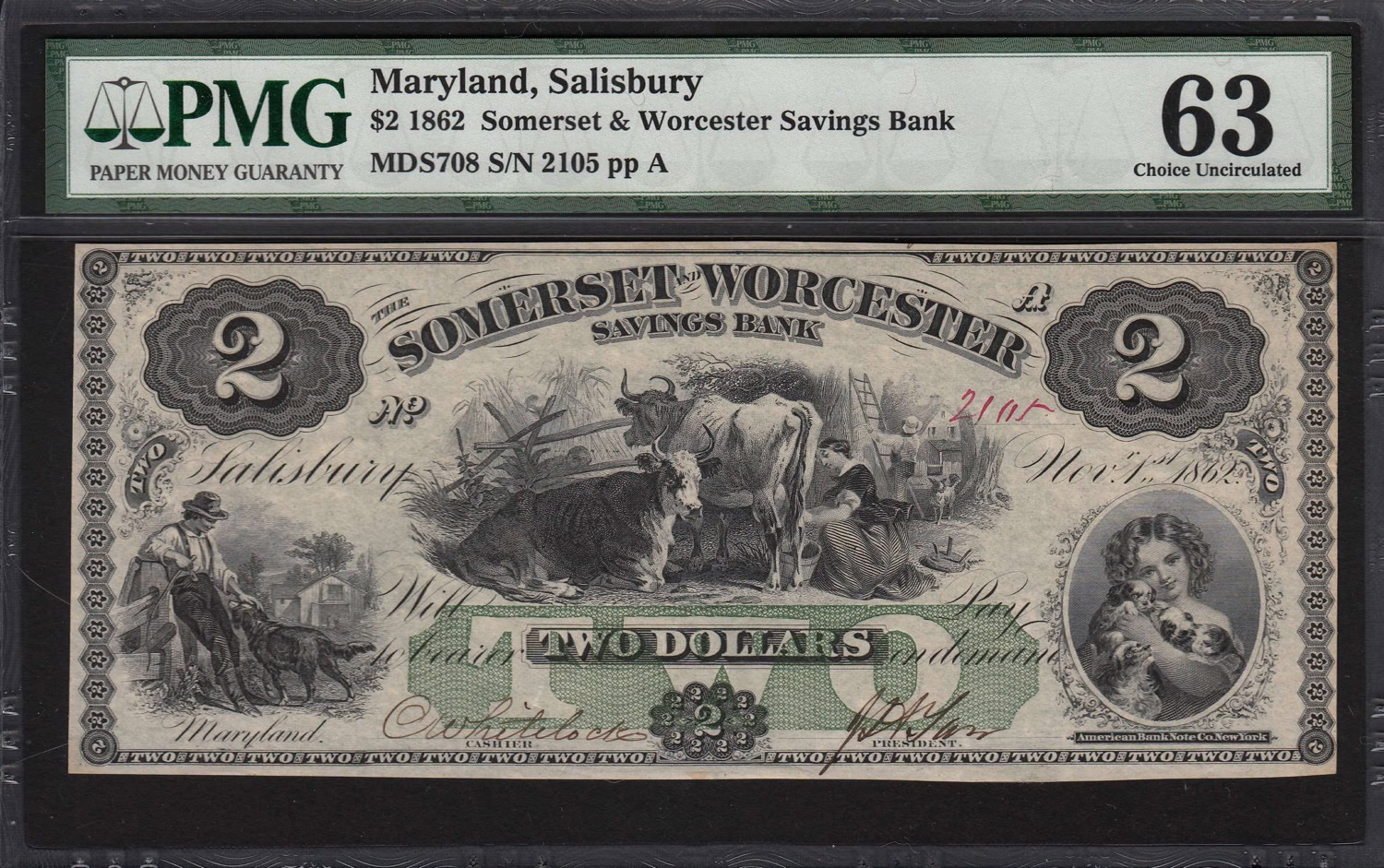 1862 Salisbury, Maryland $2 Somerset & Worcester Savings Bank Note