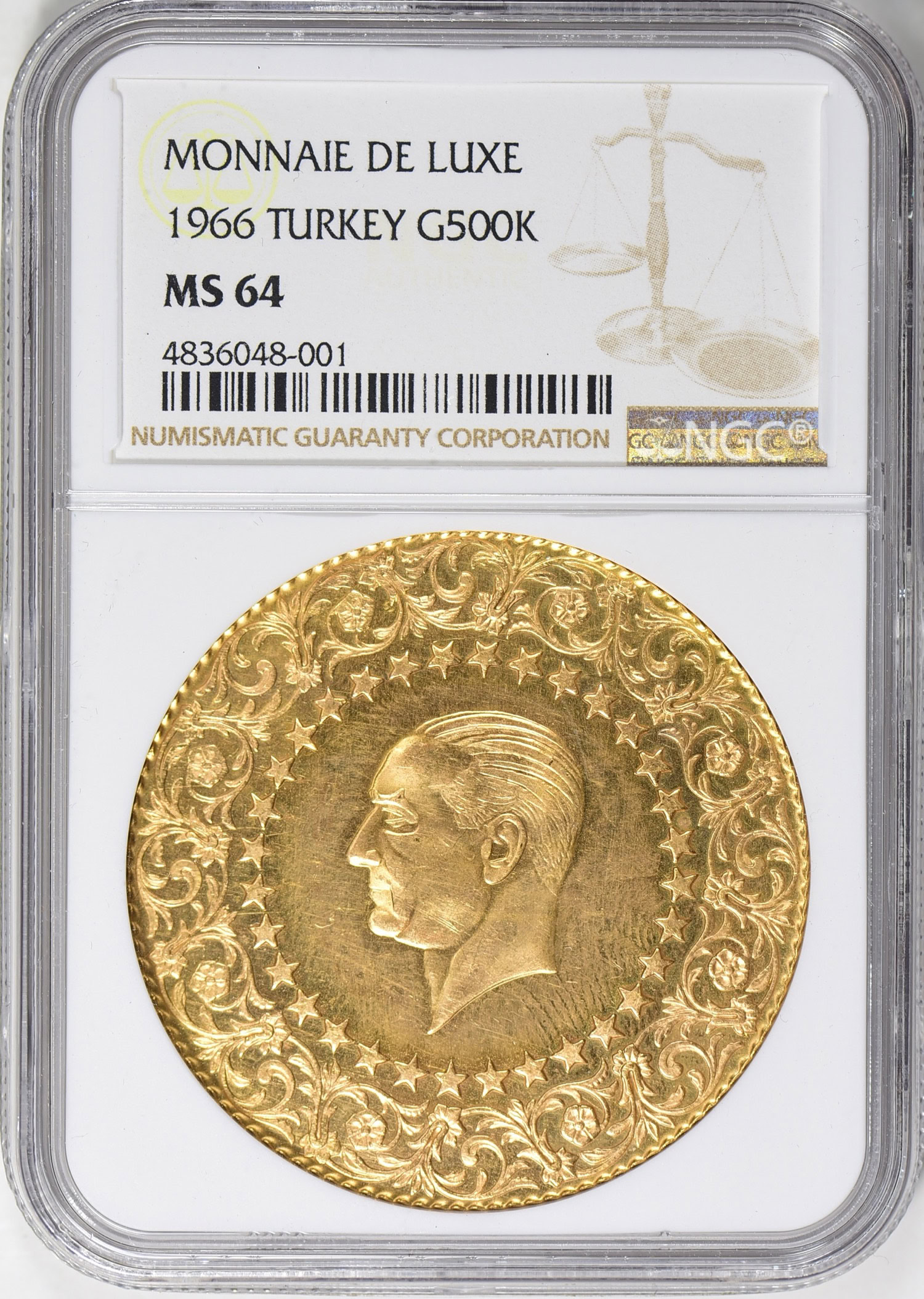 Turkey 1966 Gold 500 Kurush KM-874 NGC MS-64 (AGW = 1.0342 oz
