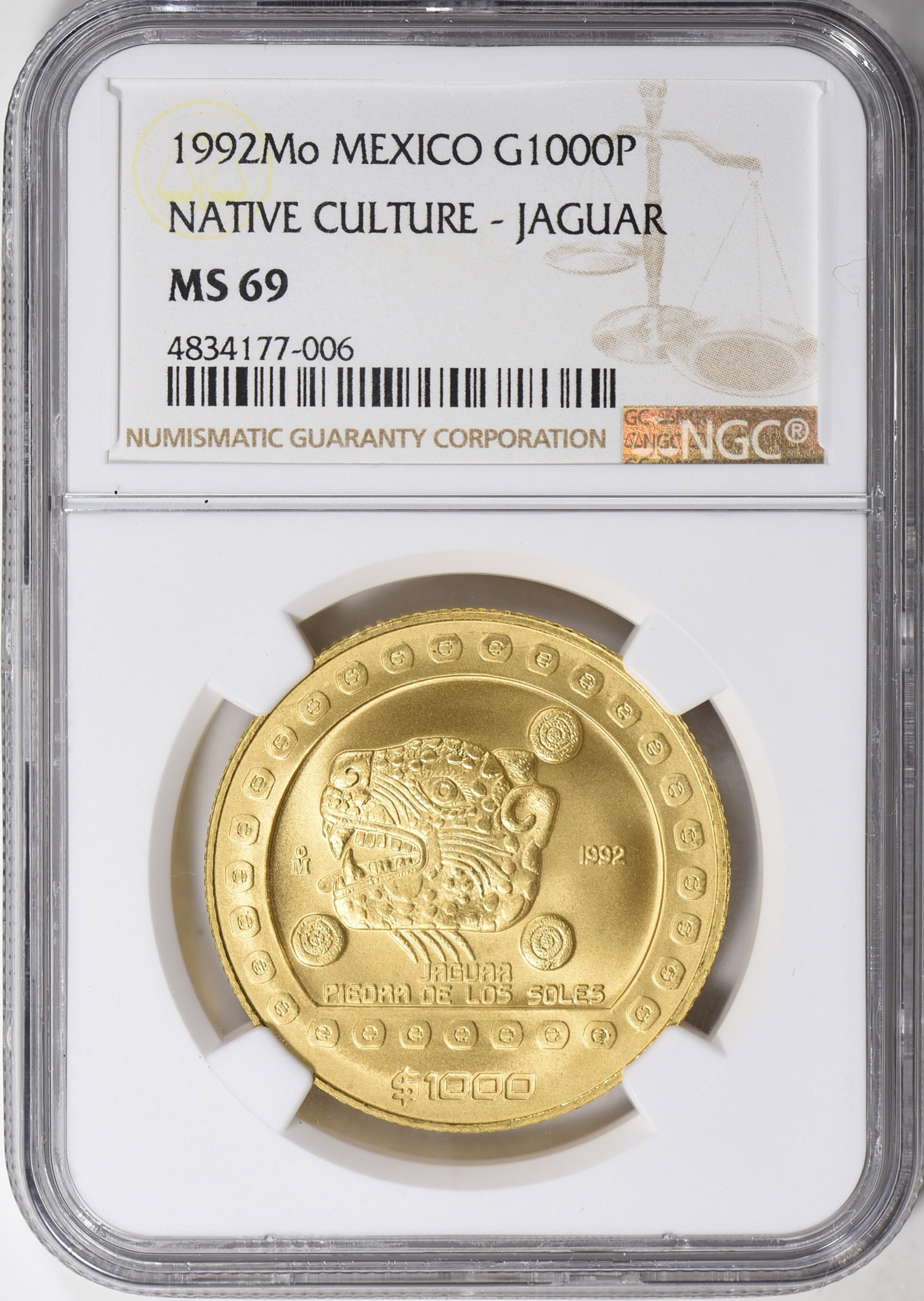Mexico 1992-Mo Gold 1,000 Pesos Pre-Columbian Aztec Series Jaguar