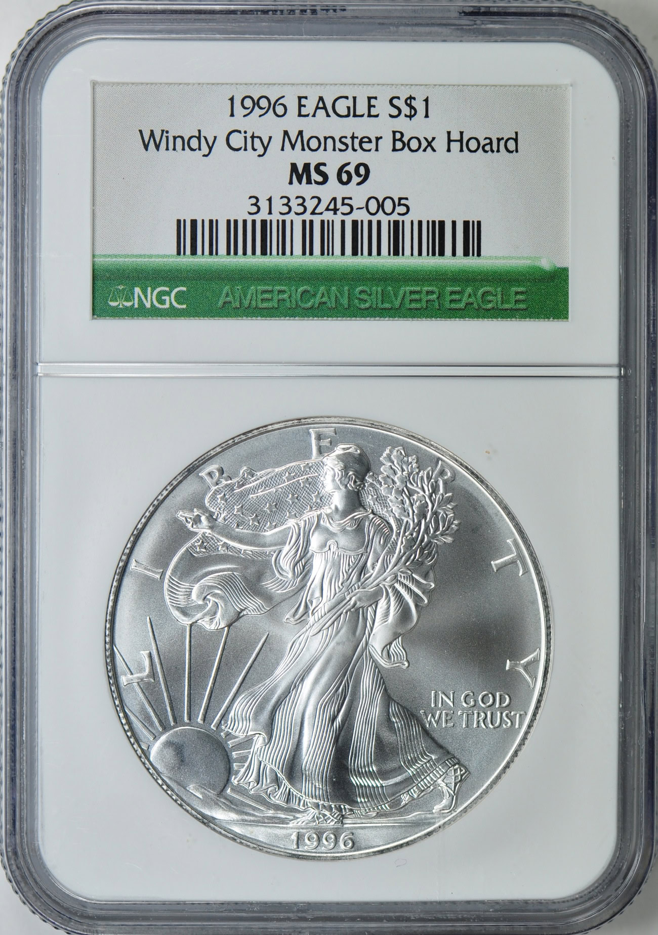 1996 $1 Silver Eagle NGC MS-69 (Windy City Monster Box Hoard