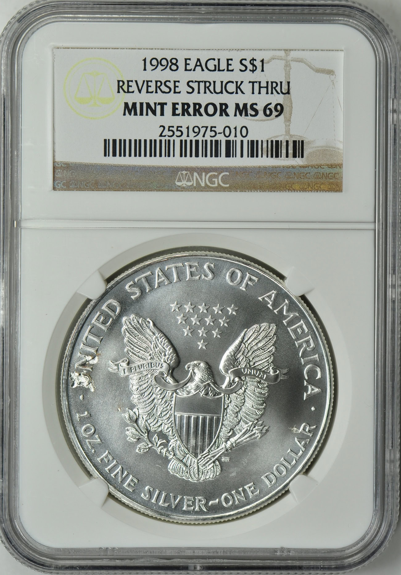 Mint Error 1998 $1 Silver Eagle Reverse Struck Through NGC MS-69